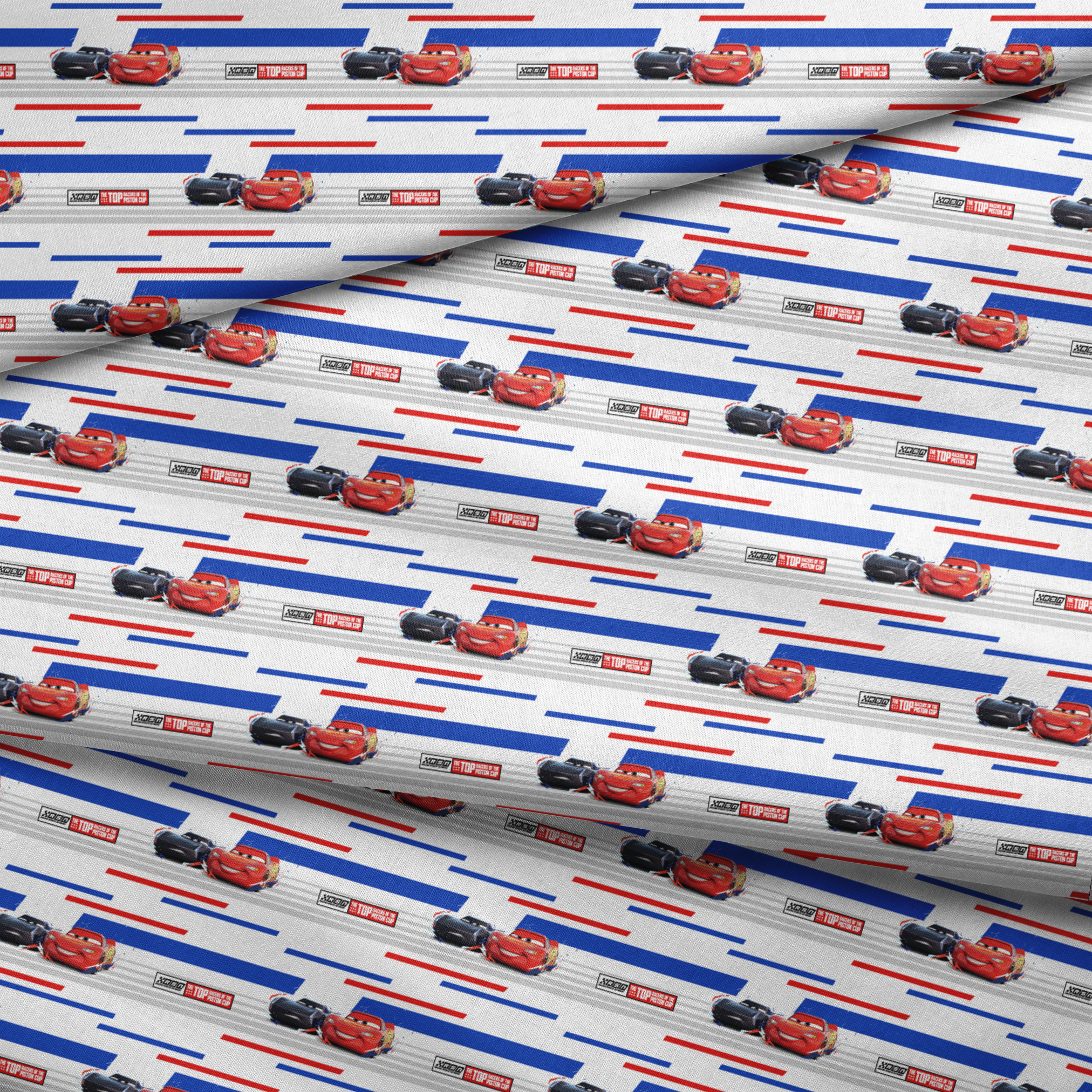 Red and black race cars from Disney Pixar's Cars movie on striped blue, white, and red background with XSpeed logo fabric fold mockup
