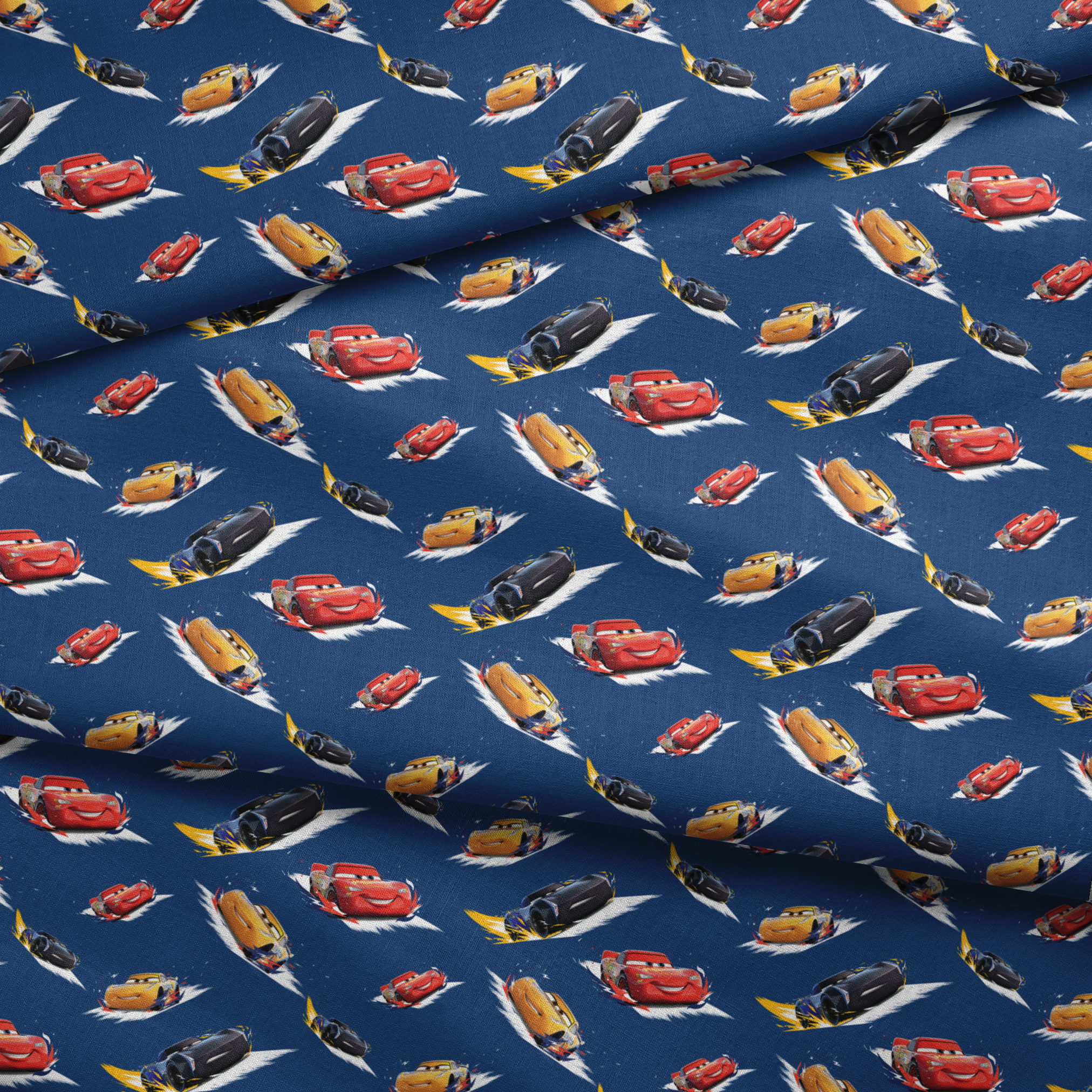 Animated race cars from Disney's Cars movie speeding across a blue background with white motion streaks fabric fold mockup