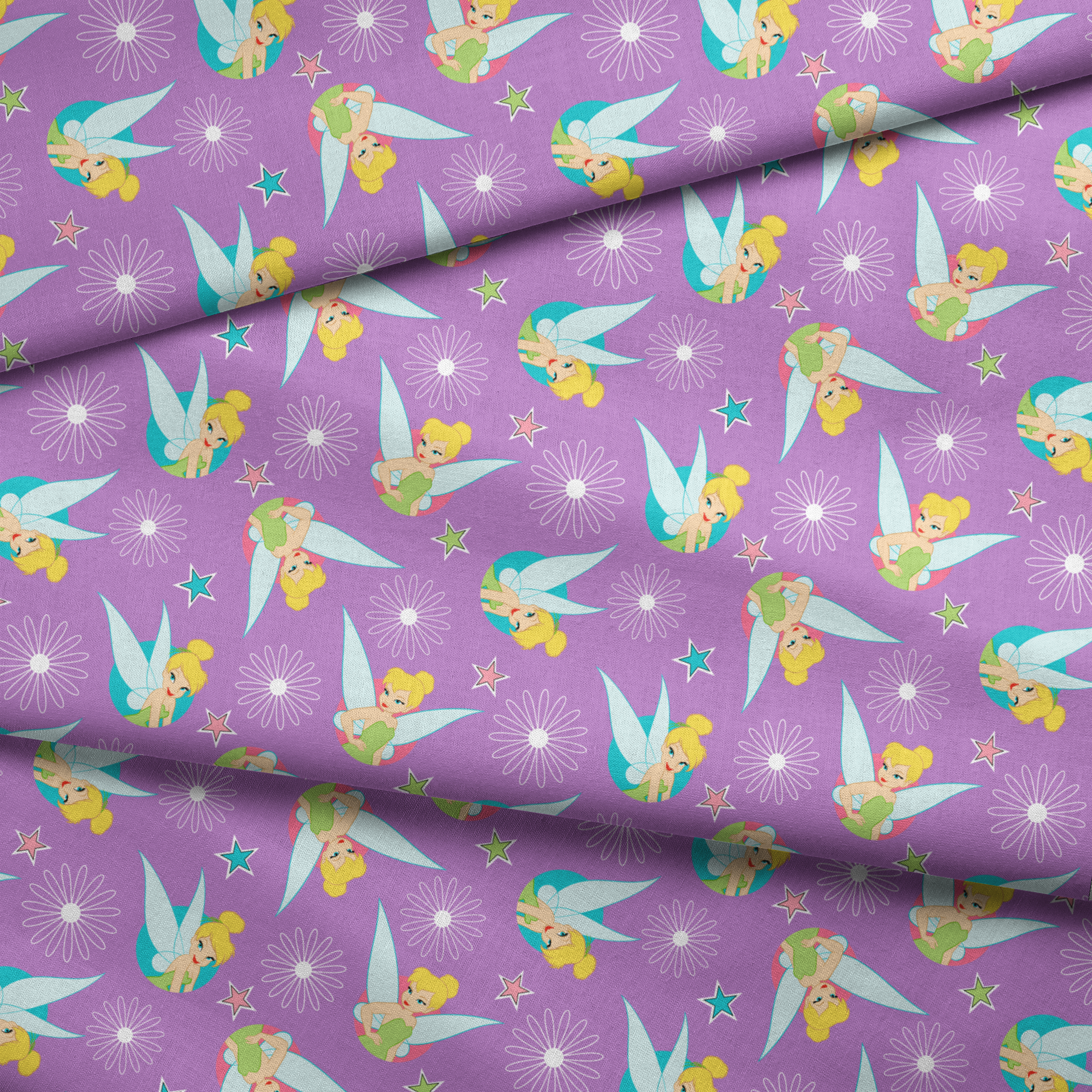 Tinker Bell on a purple background with white daisy flowers and colorful stars. fabric fold mockup