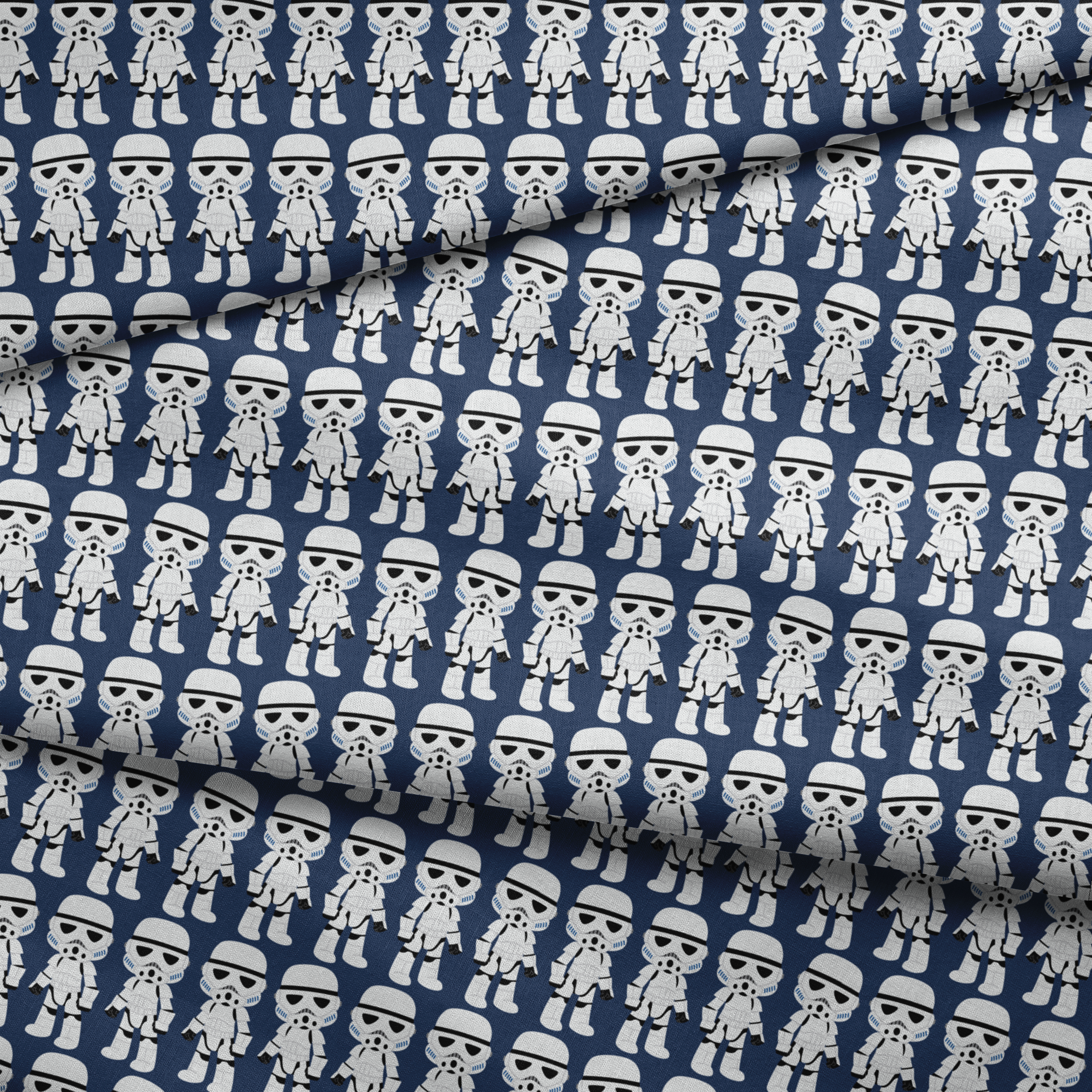 Repeated pattern of cartoon Stormtrooper characters in white armor against dark blue background fabric fold mockup
