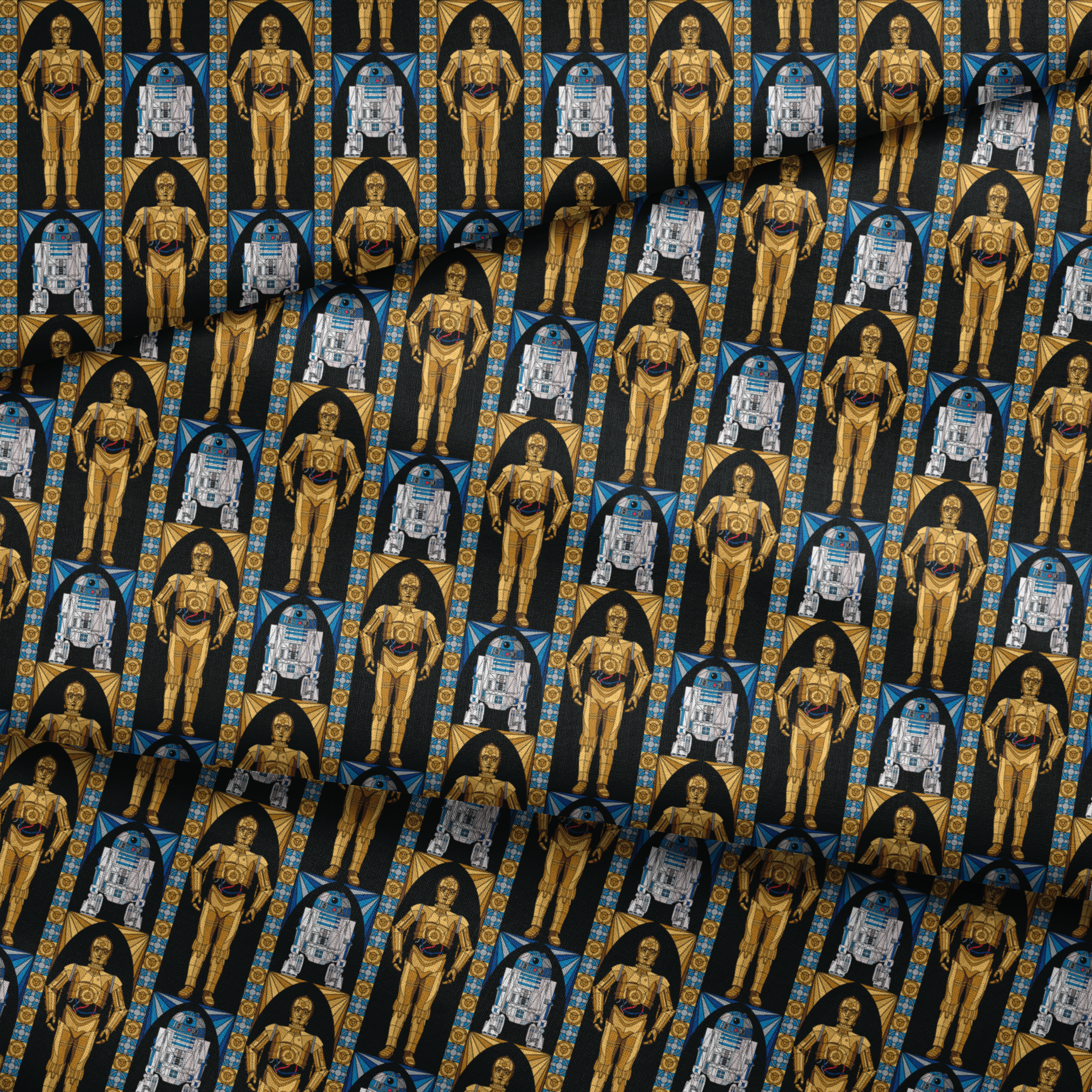 Repeating pattern of golden droid and blue-white astromech droid characters from Star Wars on black background with decorative borders fabric fold mockup