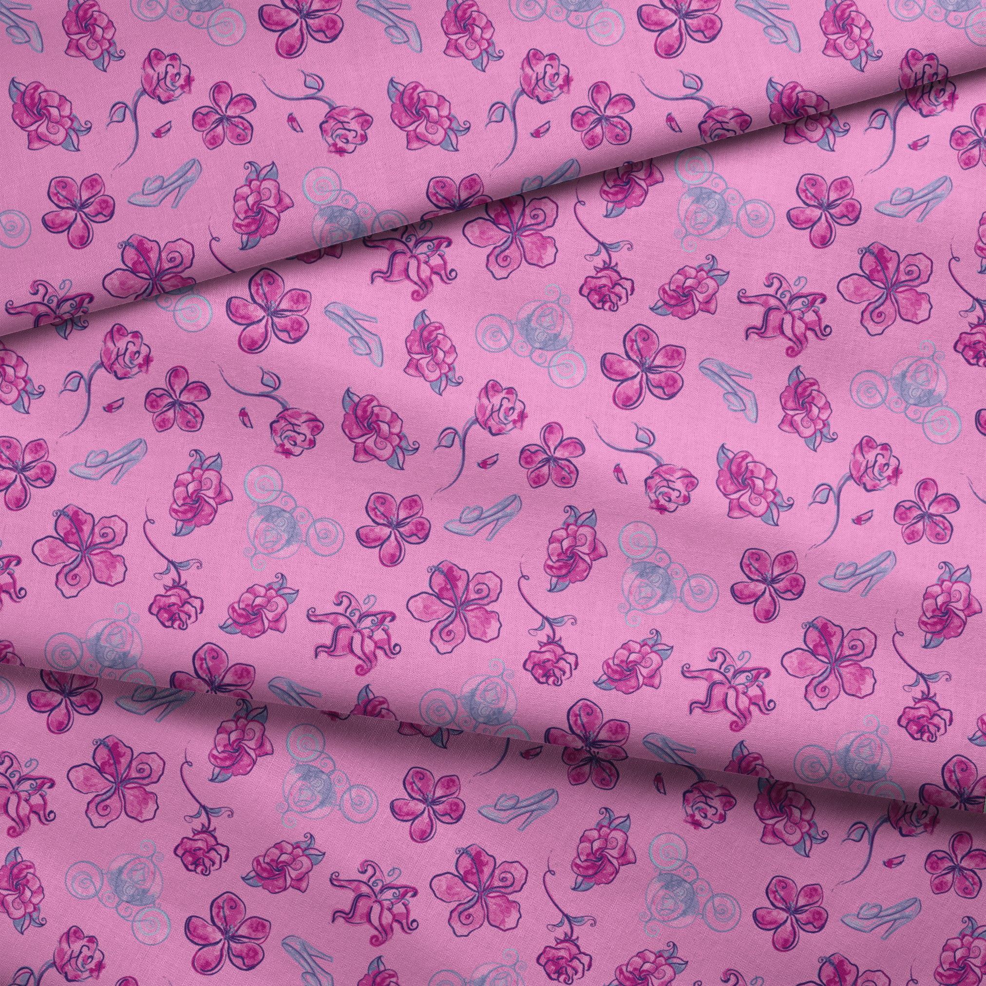 Whimsical Cinderella pattern of purple flowers, roses, and glass slipper outlines on pink background fabric fold mockup