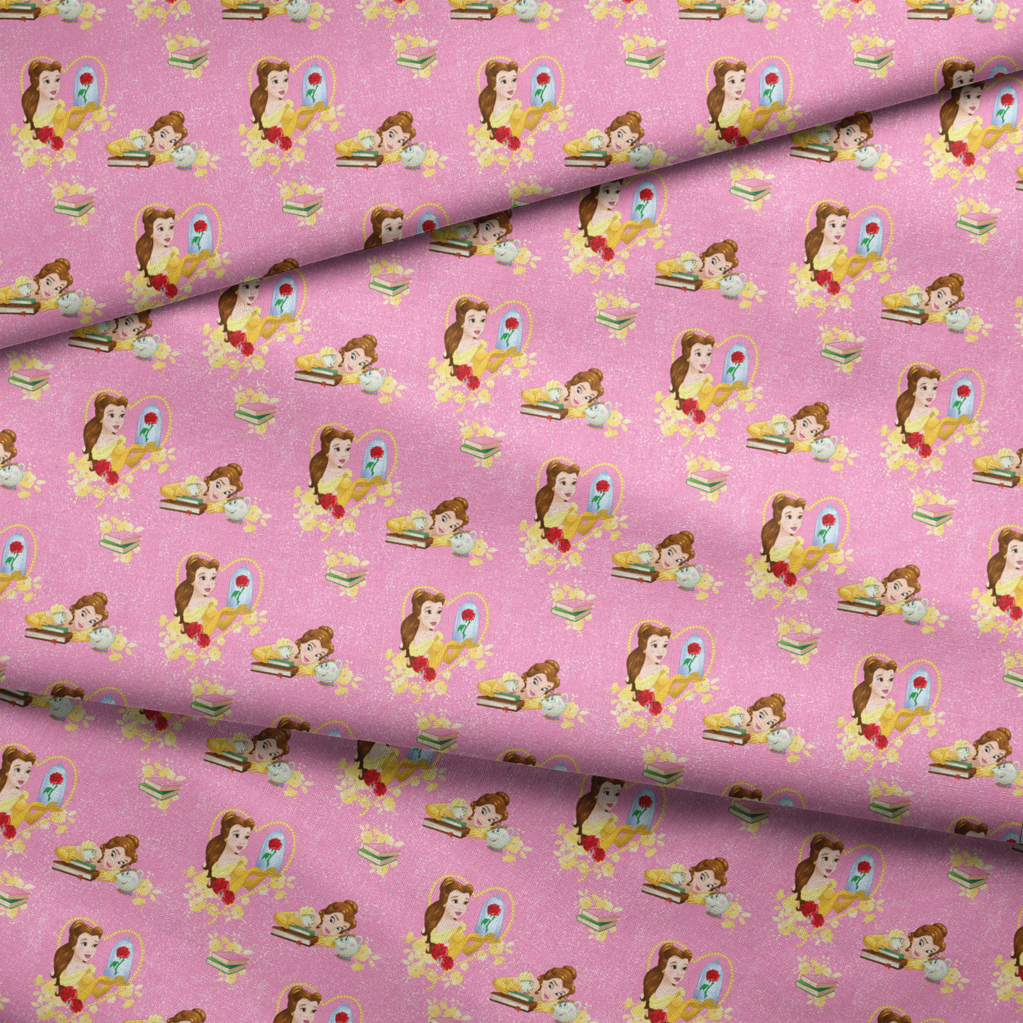 Repeating pattern of Disney's Belle character with enchanted rose and books on pink sparkly background fabric fold mockup