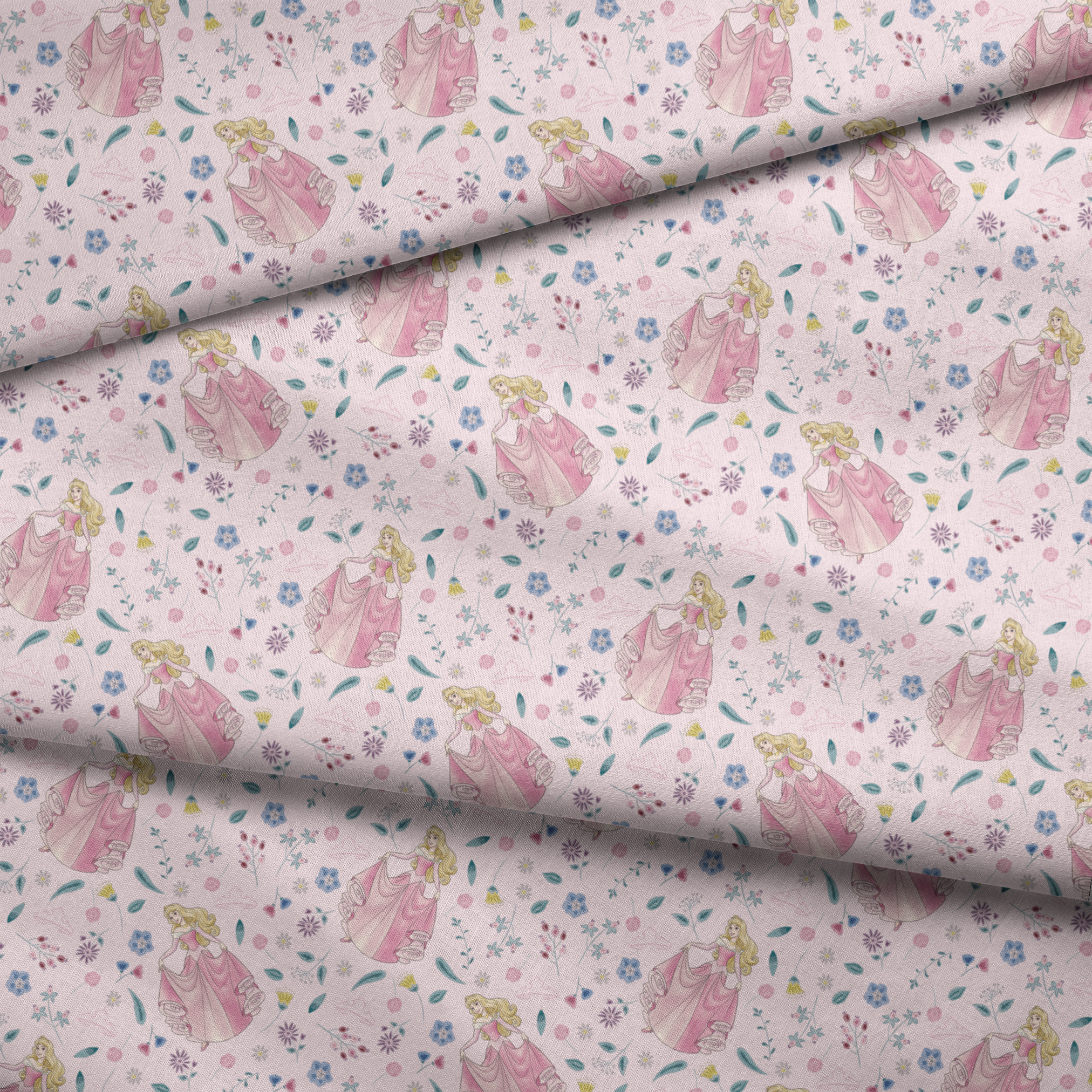 Disney's Sleeping Beauty surrounded by scattered flowers and leaves on light pink background fabric fold mockup