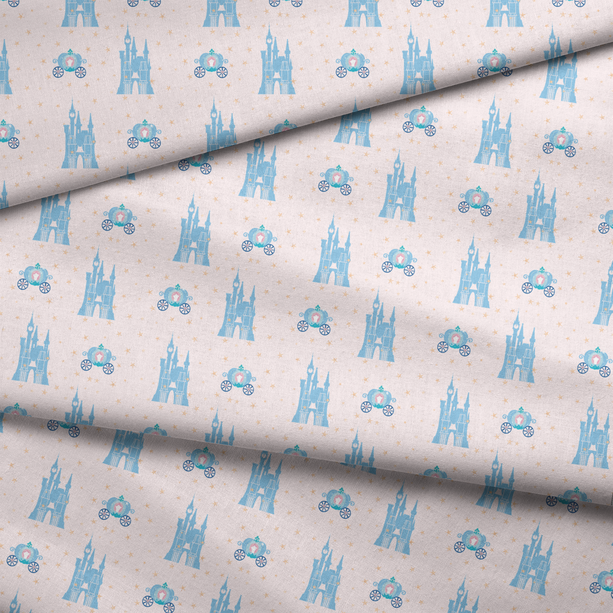 Cinderella pattern with blue castles, carriages, and gold stars on pale pink background fabric fold mockup
