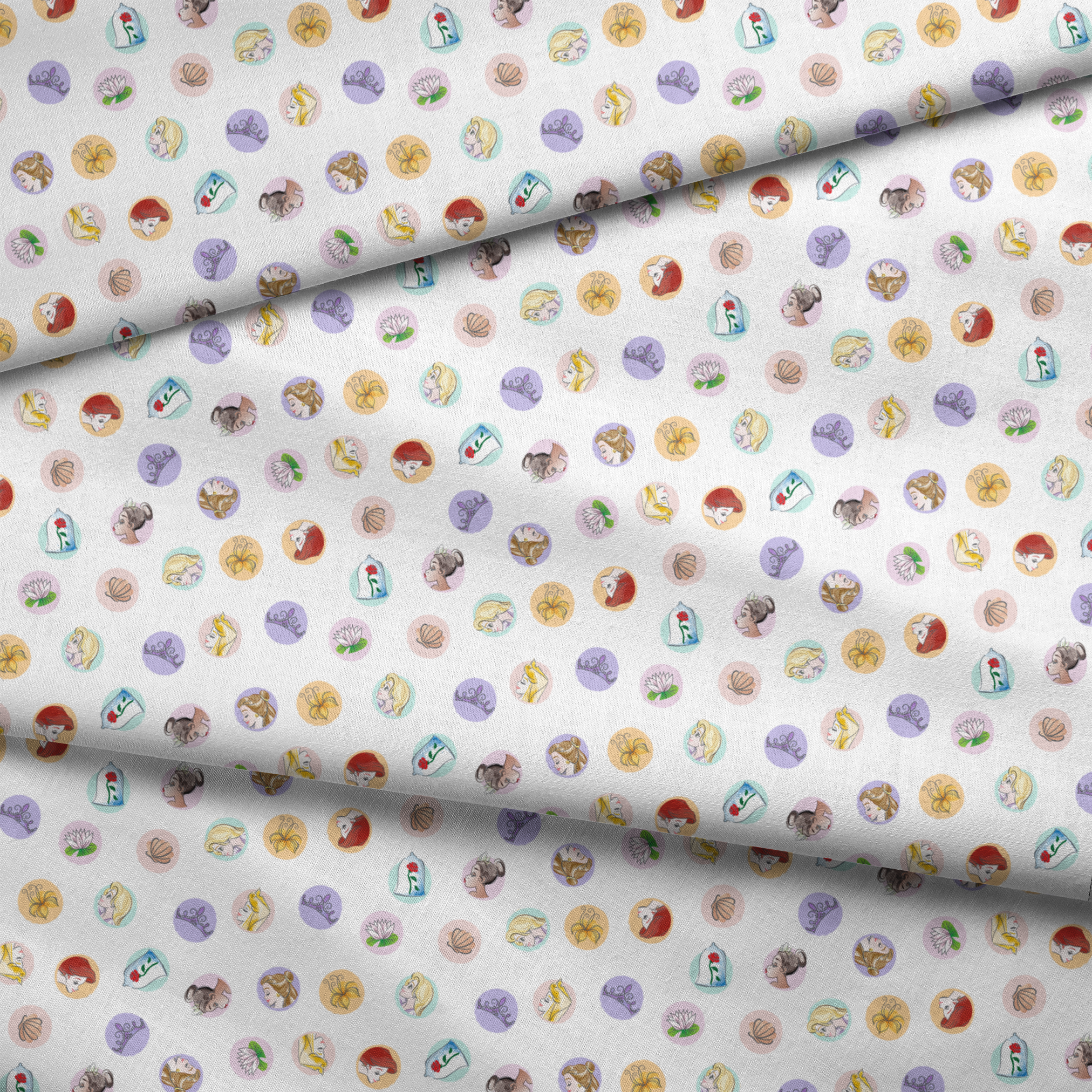 Colorful circular illustrations featuring Disney Princesses and symbols on white background fabric fold mockup