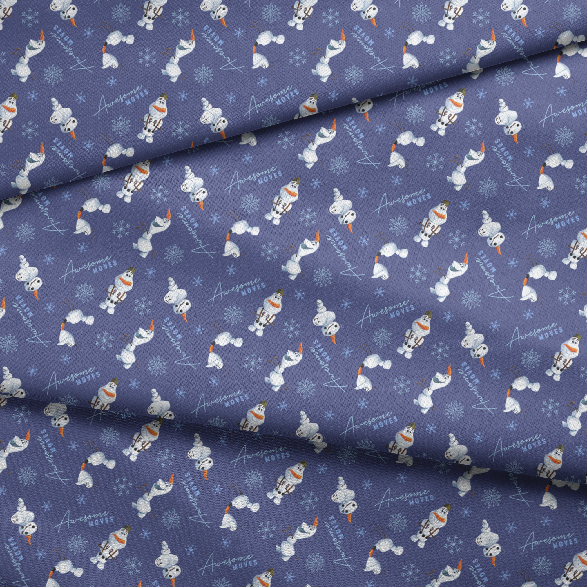 Playful Olaf the snowman pattern with snowflakes on purple background showing various poses fabric fold mockup