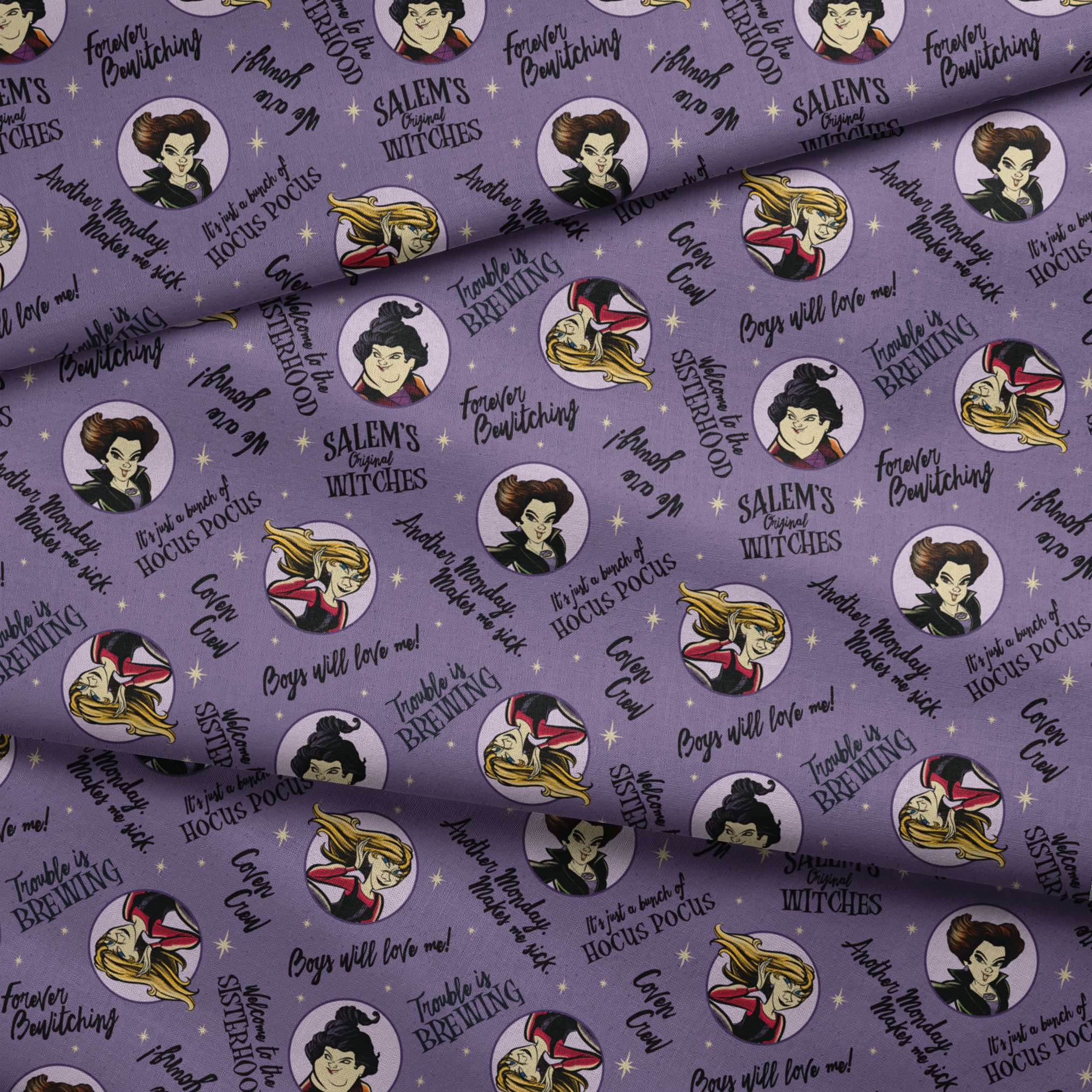 Purple background pattern with cartoon witches in circles, magical phrases and stars scattered throughout in black text fabric fold mockup