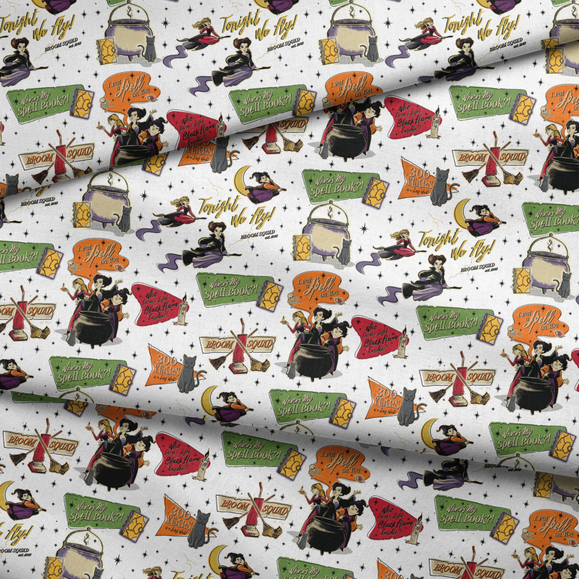 Halloween witch-themed pattern with spell books, cauldrons, brooms, stars, cats, potions and magical sayings on white background fabric fold mockup