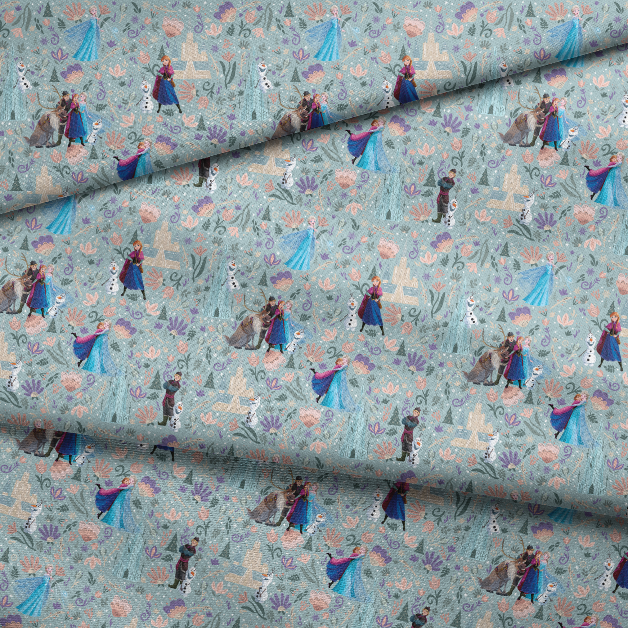 Frozen-themed pattern with the iconic characters, snowmen, flowers, and swirls on a light blue background fabric fold mockup