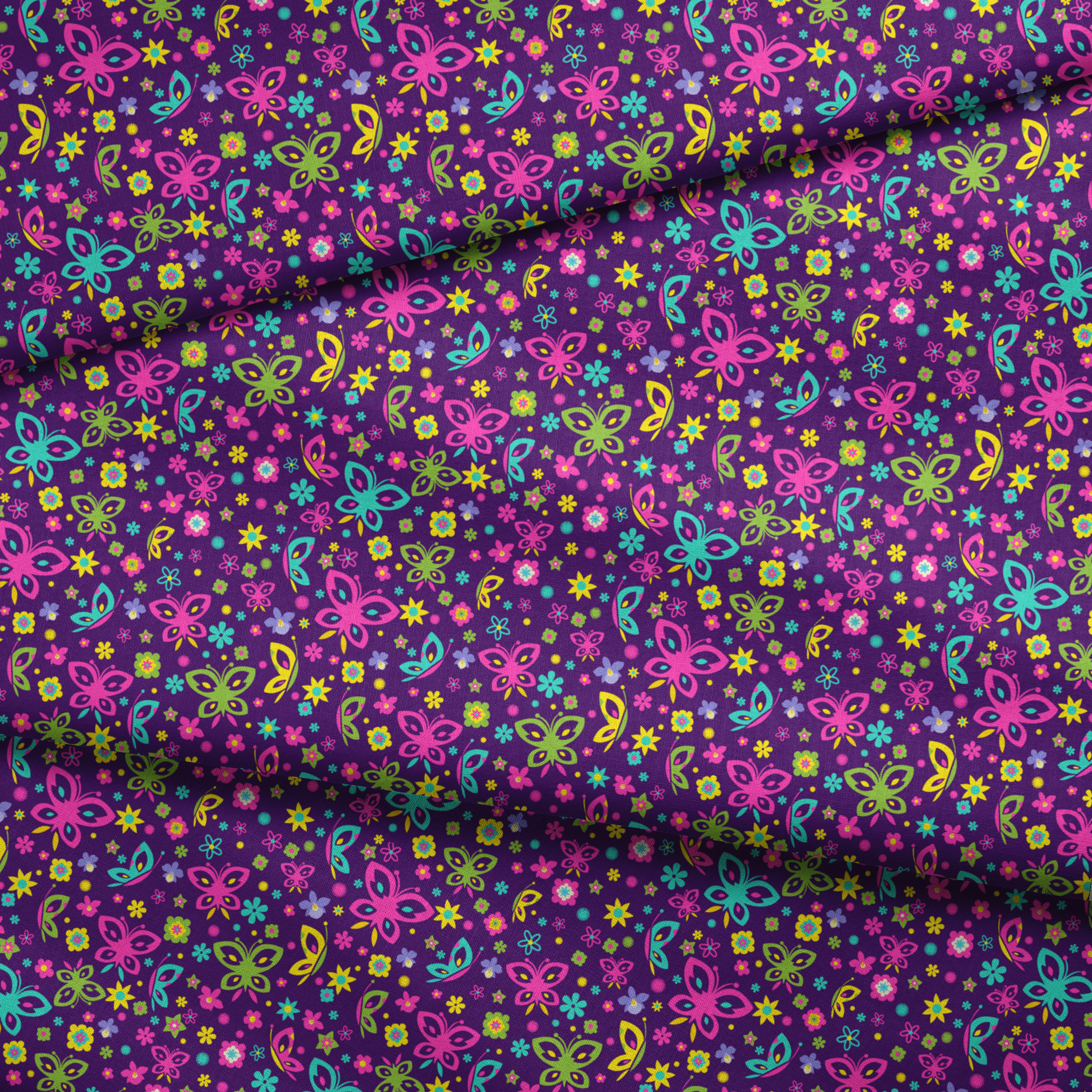 Colorful butterfly and flower pattern on purple background with pink, blue, green, and yellow designs fabric fold mockup