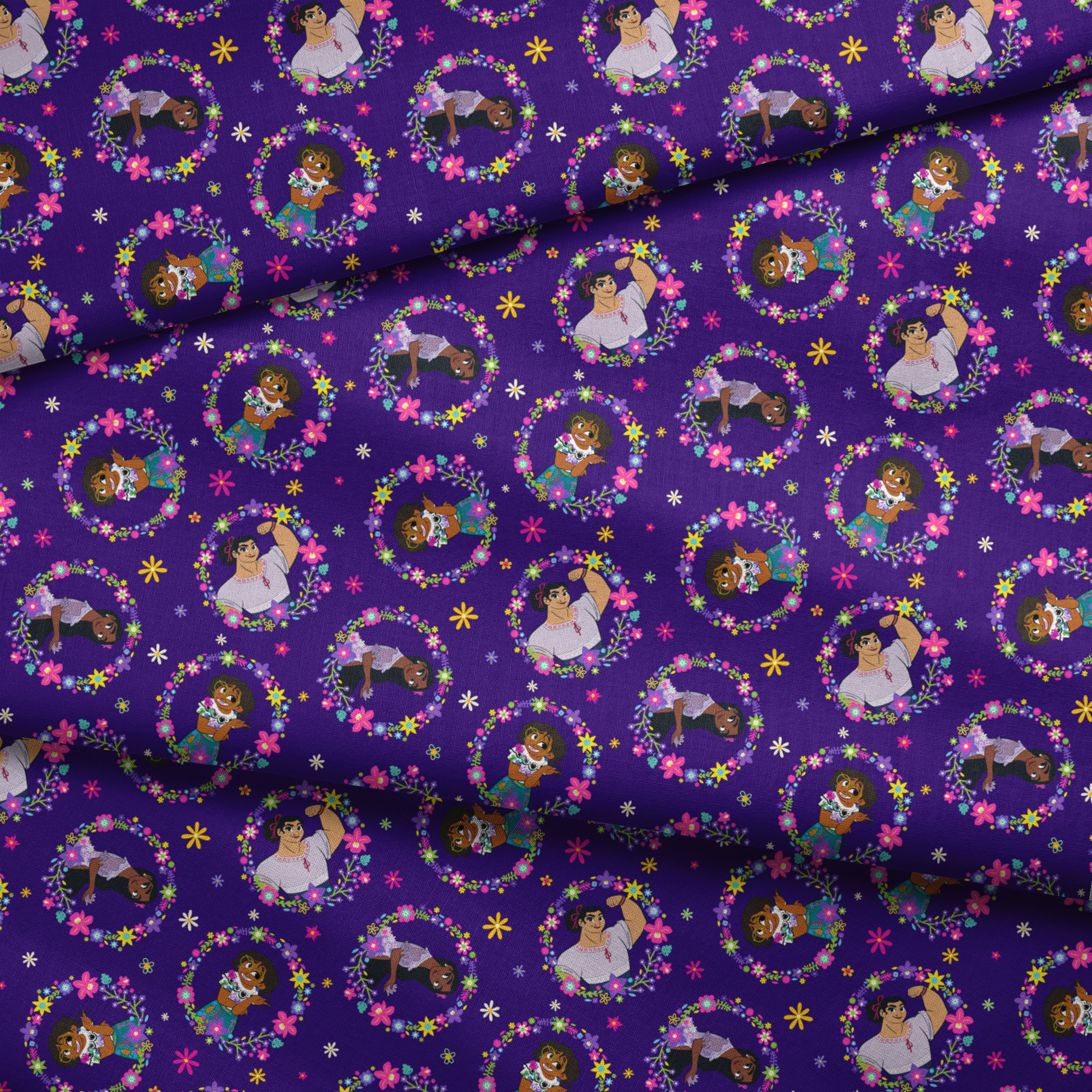 Colorful cartoon characters in floral wreaths pattern on deep purple background with stars fabric fold mockup