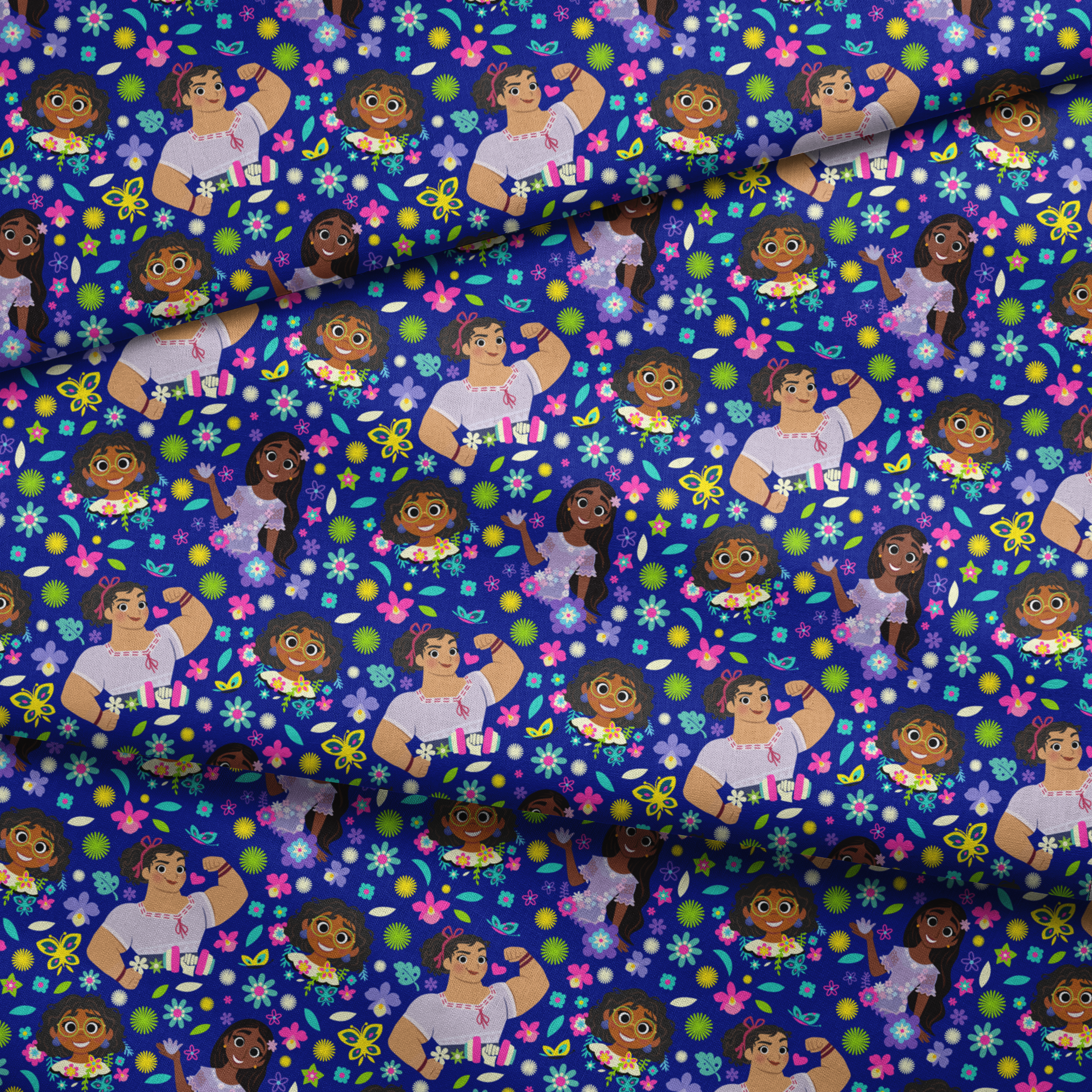 Colorful cartoon characters surrounded by bright flowers on vibrant blue background fabric fold mockup