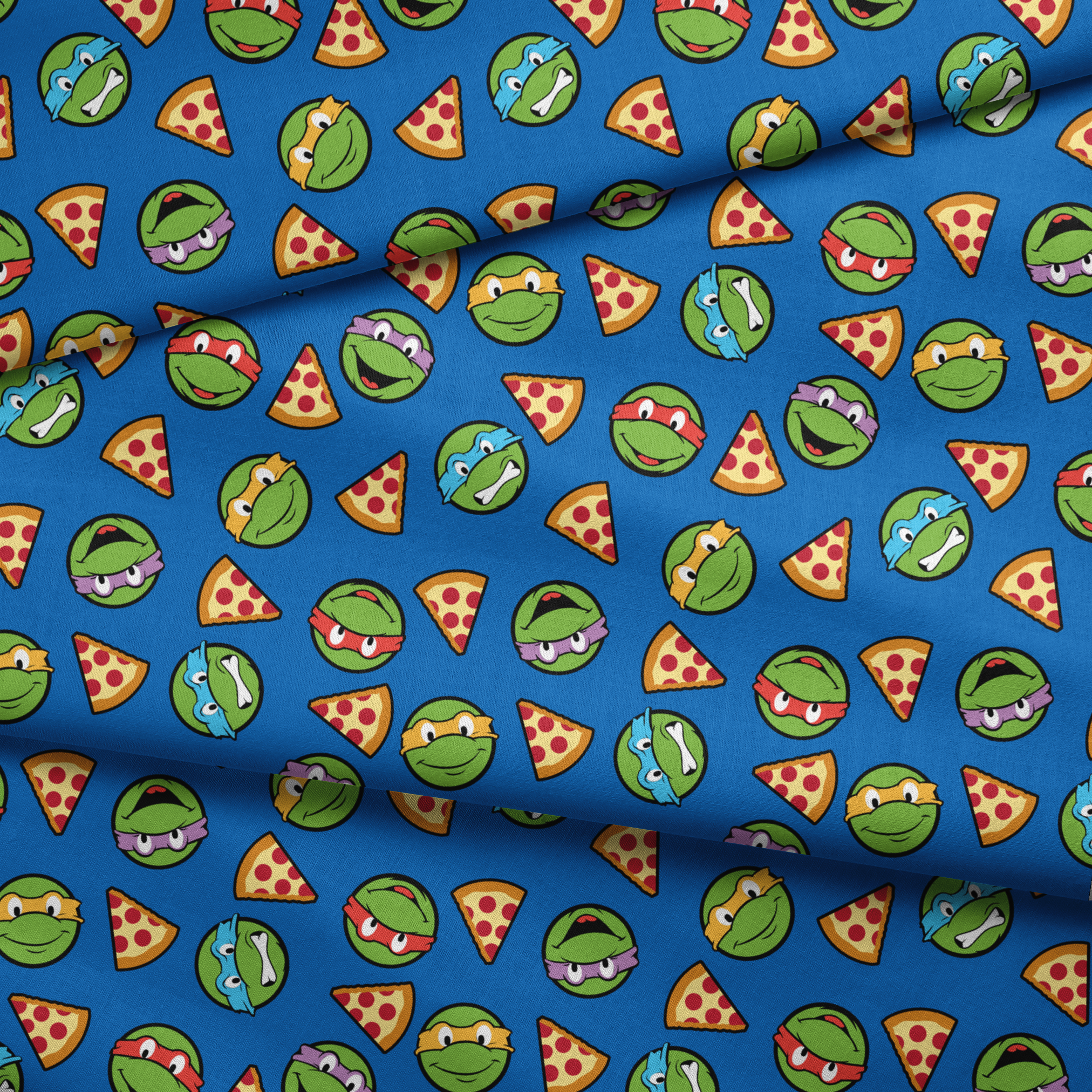 Teenage Mutant Ninja Turtle faces with colored masks and pizza slices pattern on blue background fabric fold mockup