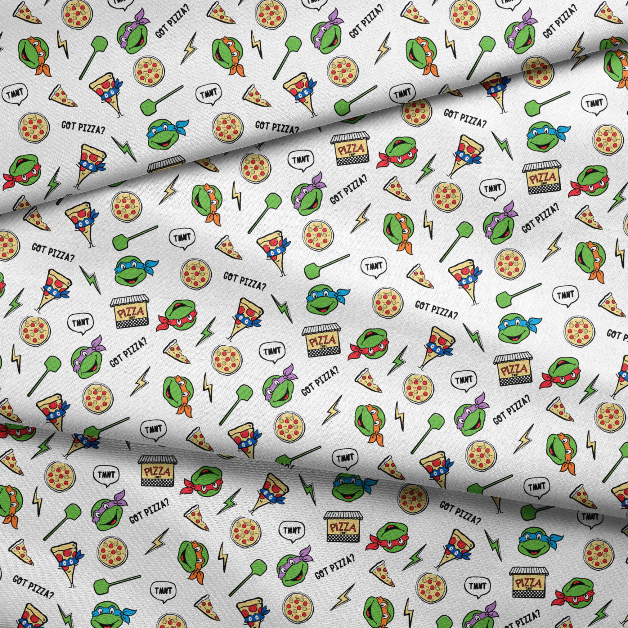 Cartoon pattern with Teenage Mutant Ninja Turtles, pizza slices, whole pizzas, lightning bolts and "GOT PIZZA?" text fabric fold mockup