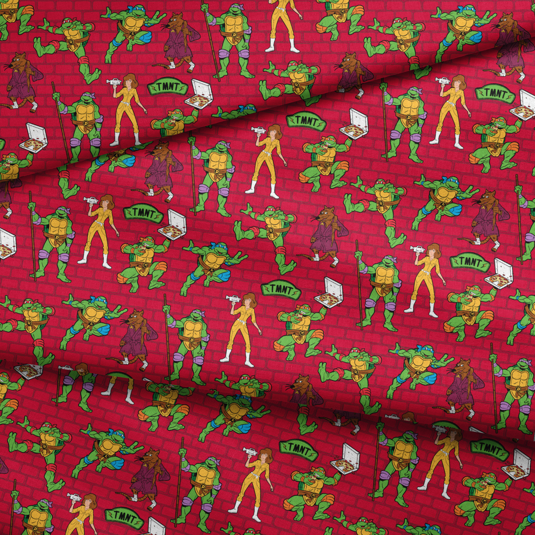Teenage Mutant Ninja Turtles pattern on red background with green turtle characters in action poses fabric fold mockup
