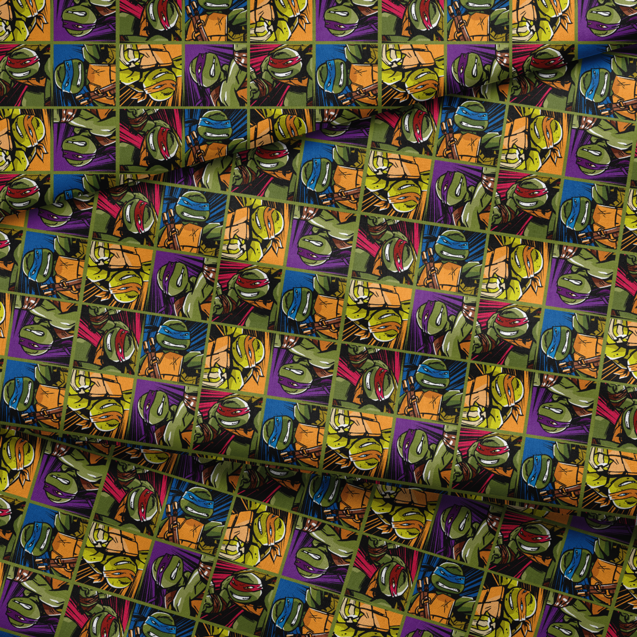 Colorful grid pattern of Teenage Mutant Ninja Turtles characters with various expressions and colored masks fabric fold mockup