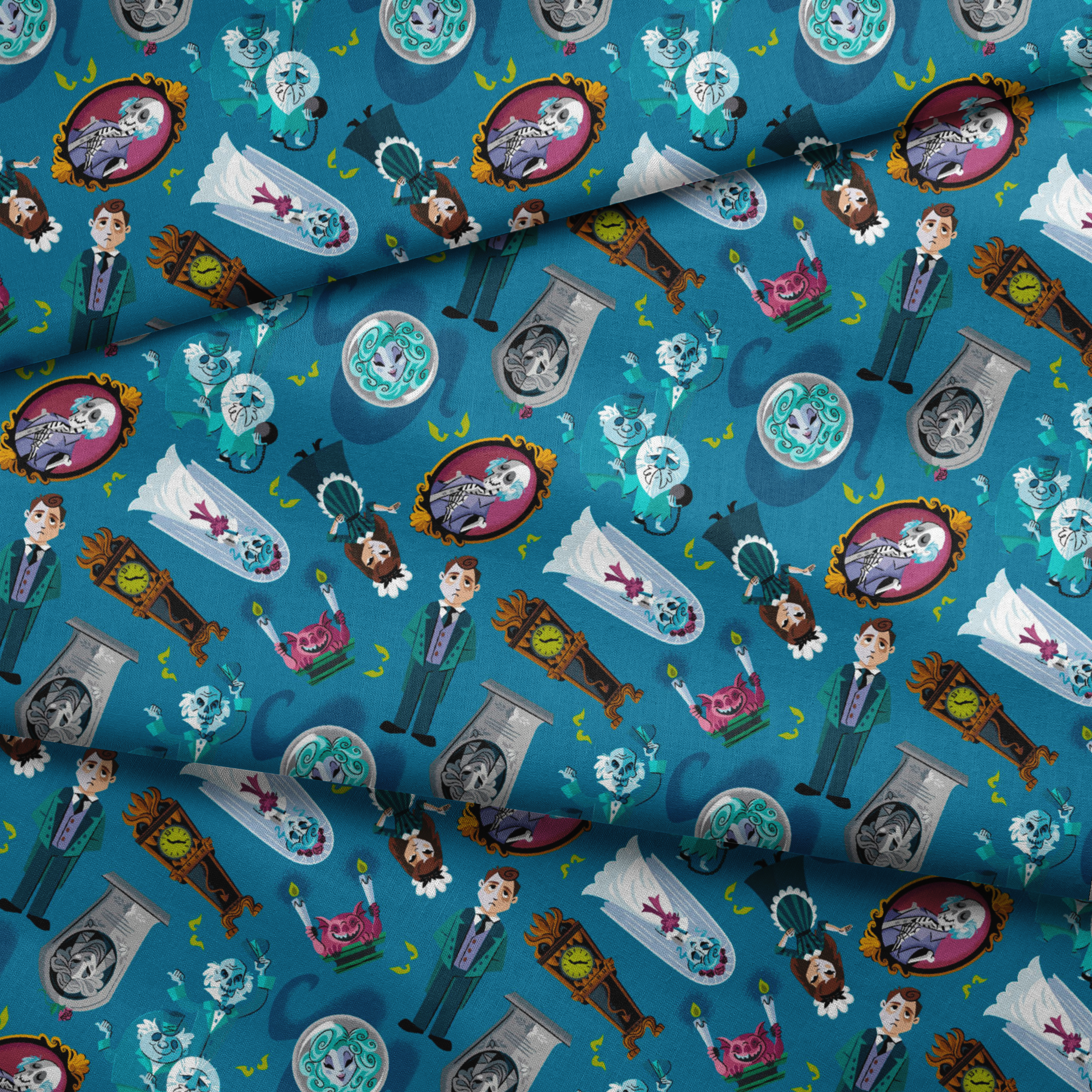 Haunted Mansion themed pattern with cartoon ghosts, portraits, coffins, and spooky elements on teal background fabric fold mockup