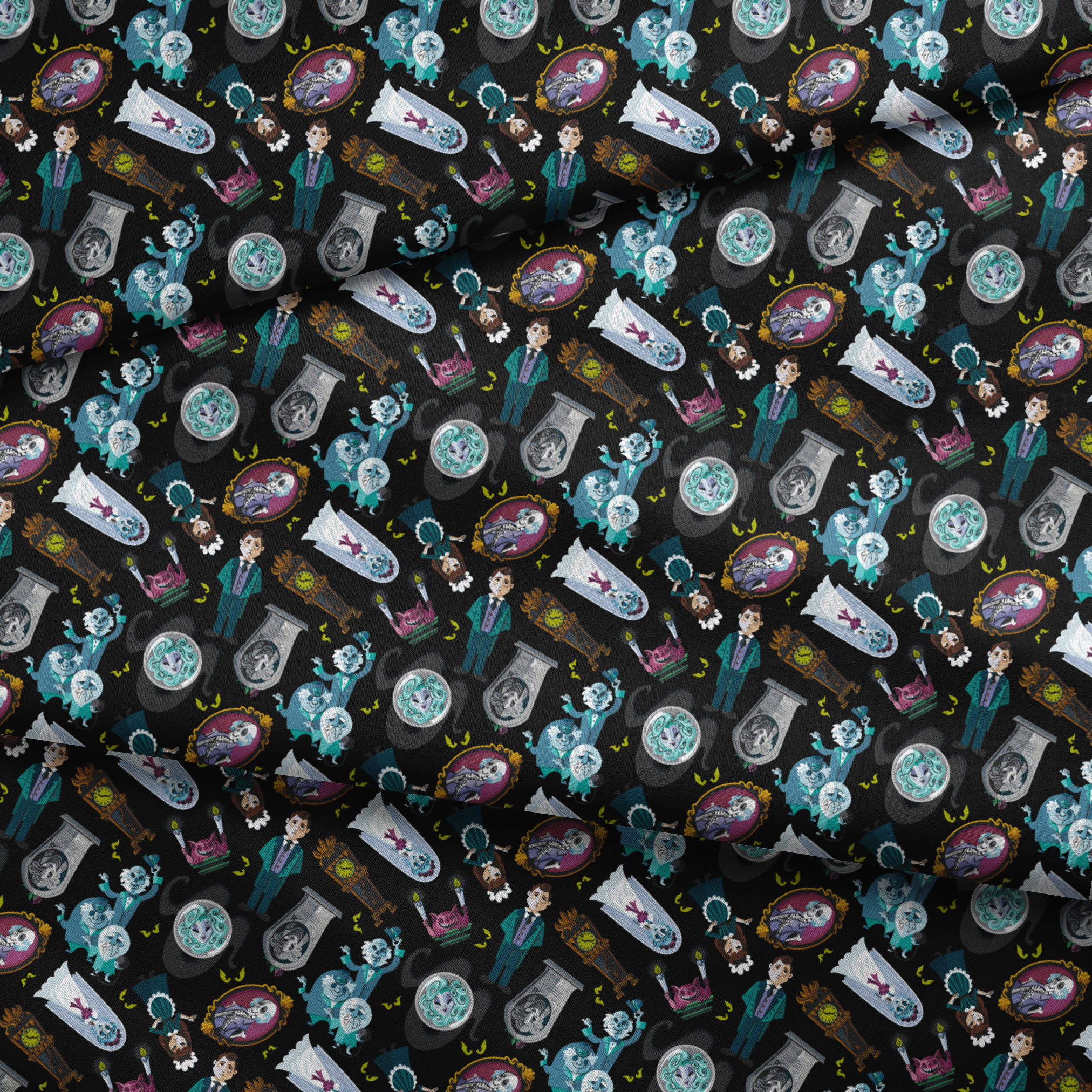 Haunted Mansion themed pattern with cartoon ghosts, characters, coffins, and spooky elements on black background fabric fold mockup