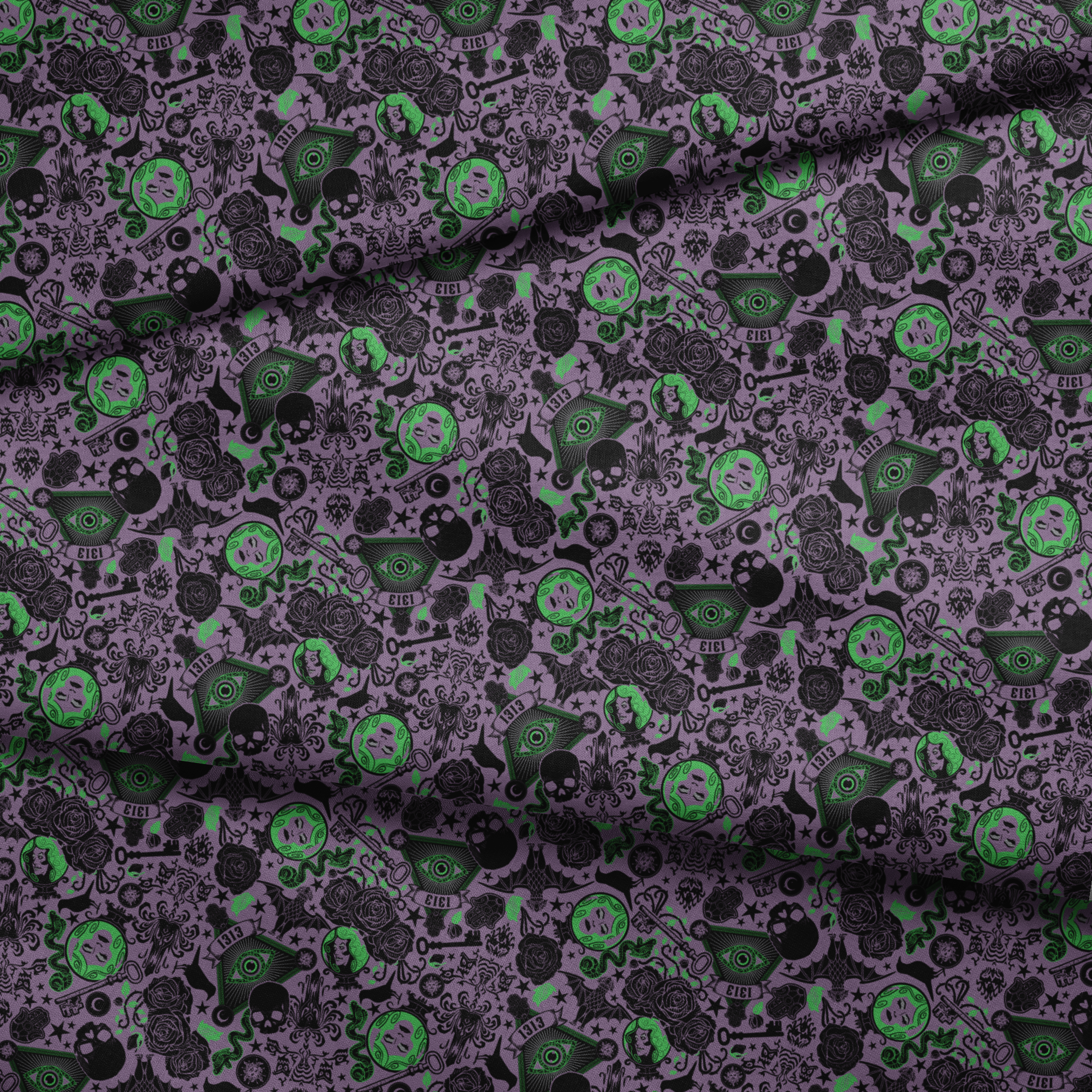 A dark purple background with gothic imagery in black and neon green featuring mystical elements including roses, celestial symbols, eyes, hands, and ornate decorative patterns. fabric fold mockup