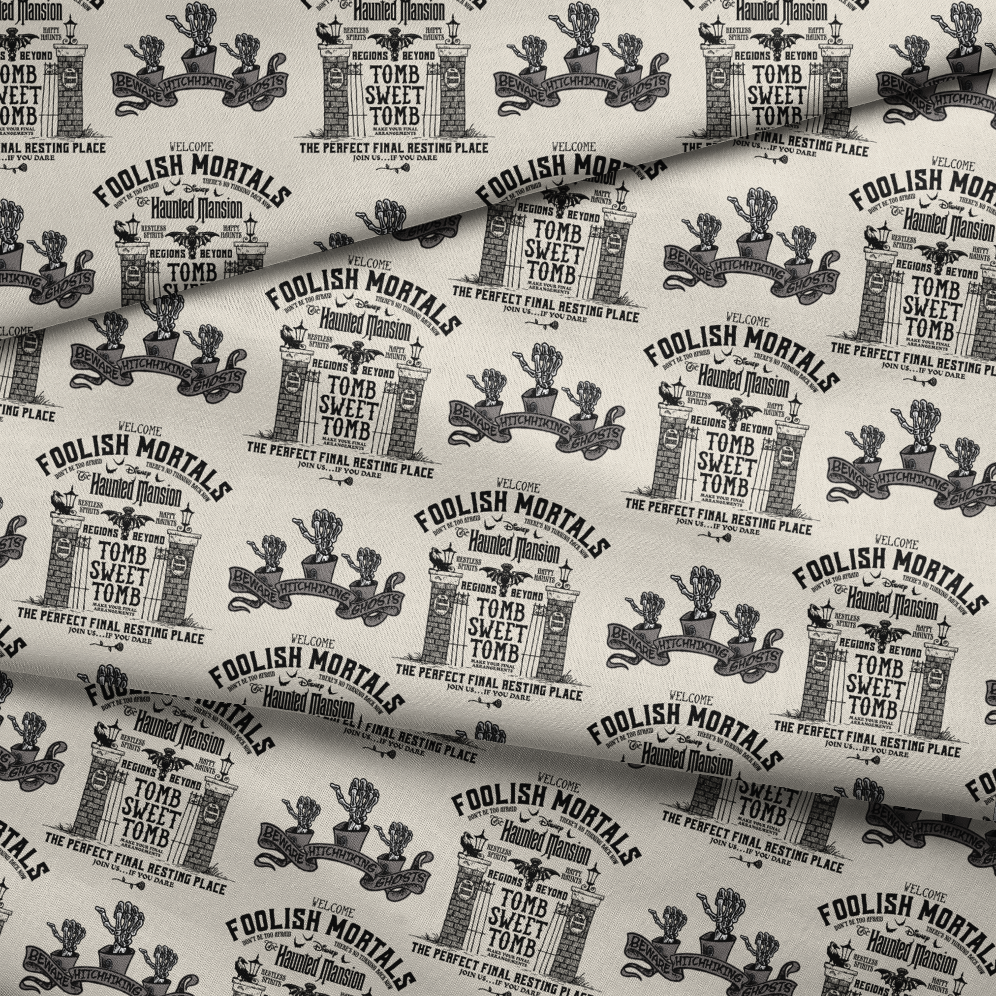 Repeating pattern of "Foolish Mortals" Haunted Mansion signage with ornate tomb designs in vintage black and cream style fabric fold mockup