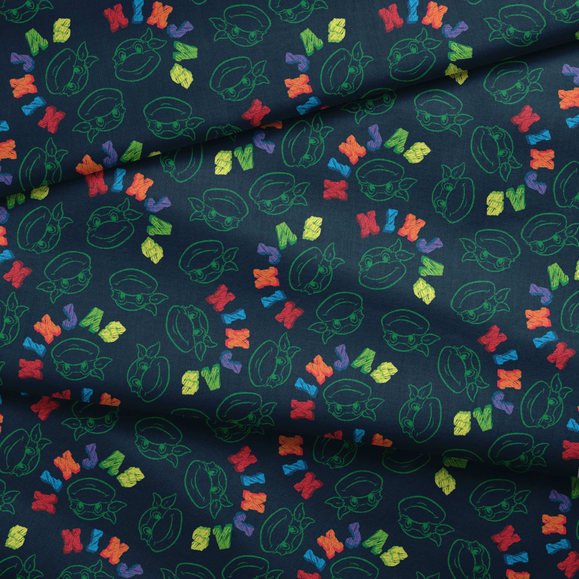 Colorful Ninja Turtles pattern with green outlines on dark blue background fabric fold mockup