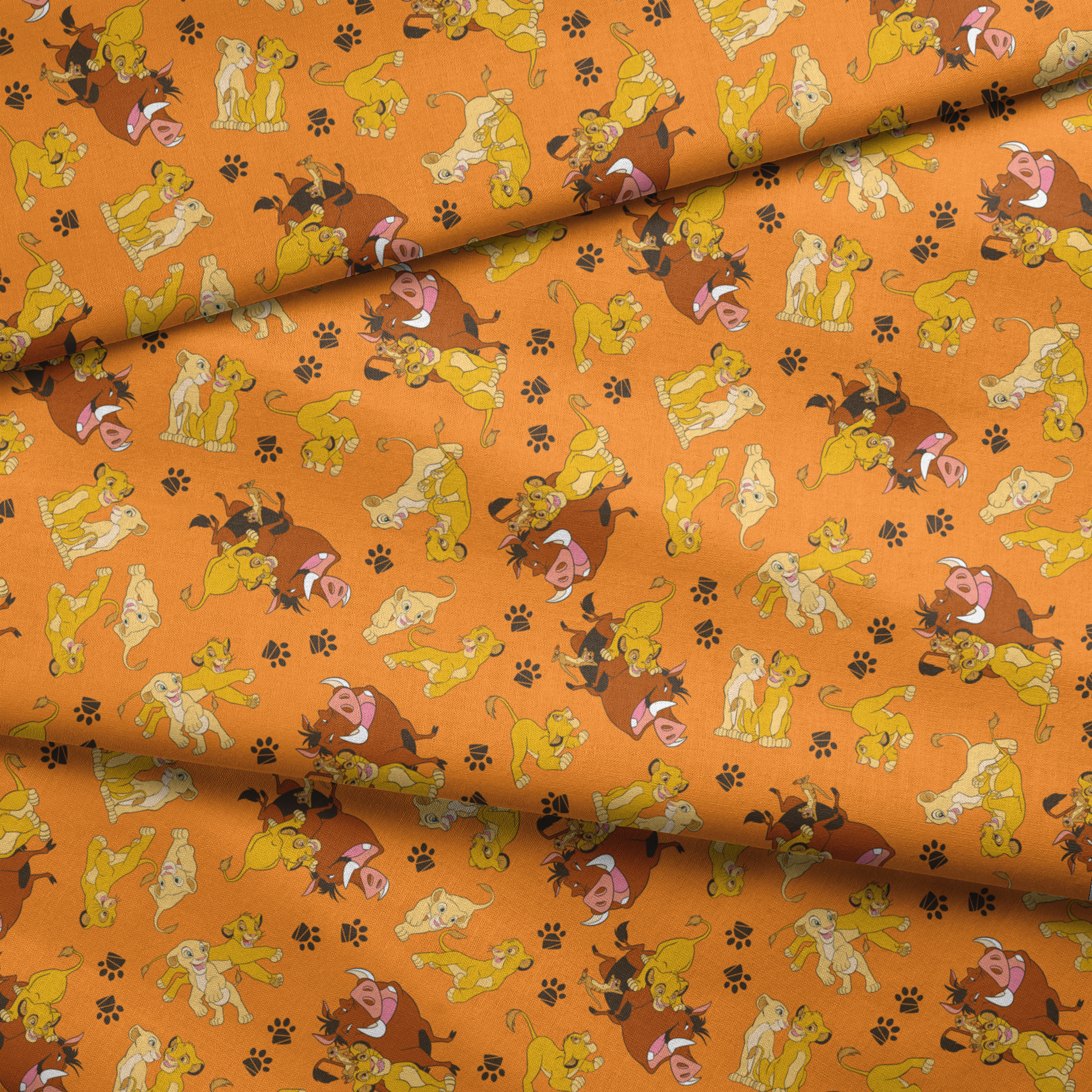 Playful pattern of cartoon cubs in yellow and brown poses on bright orange background with pawprints fabric fold mockup