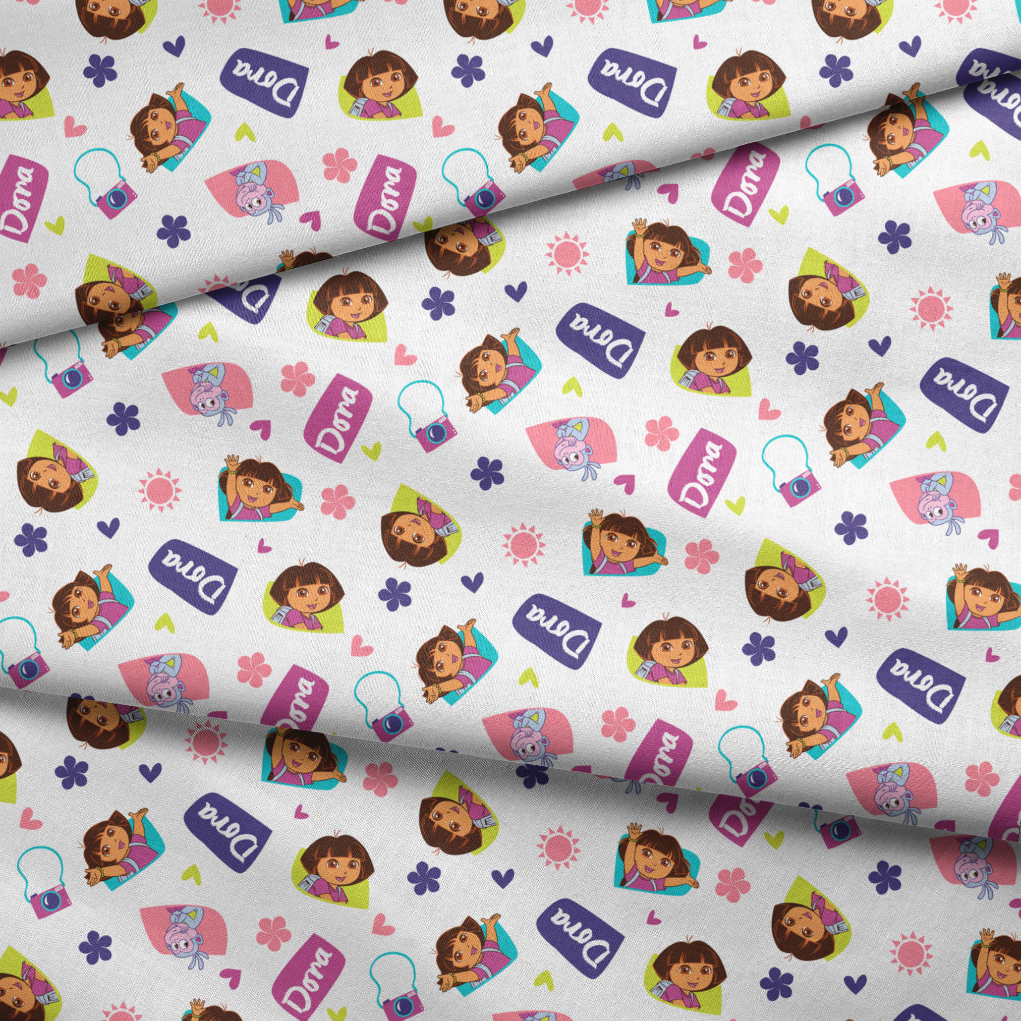 Cartoon pattern featuring Dora the Explorer characters, purple logos, pink hearts, and flowers on white background. fabric fold mockup