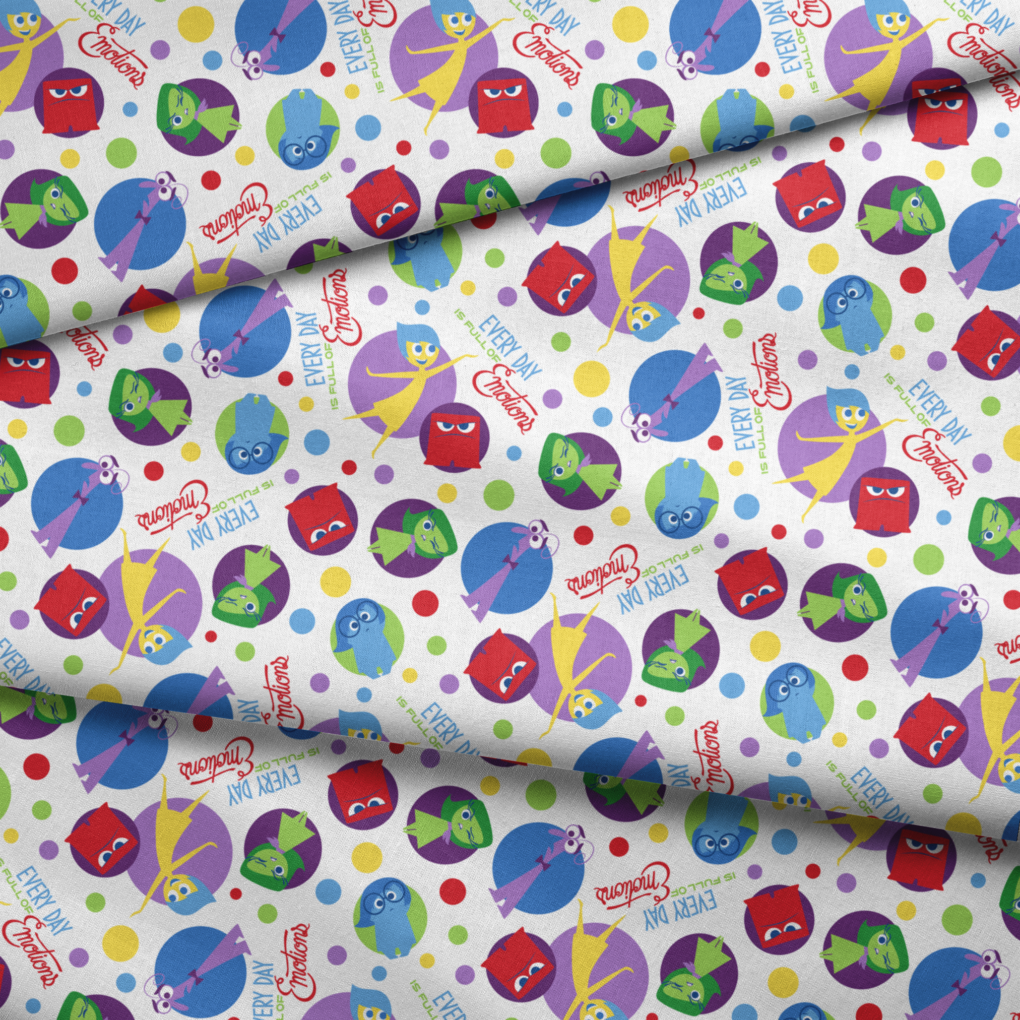 Colorful Inside Out characters in circles - Joy, Sadness, Fear, Disgust, and Anger on polka dot background fabric fold mockup
