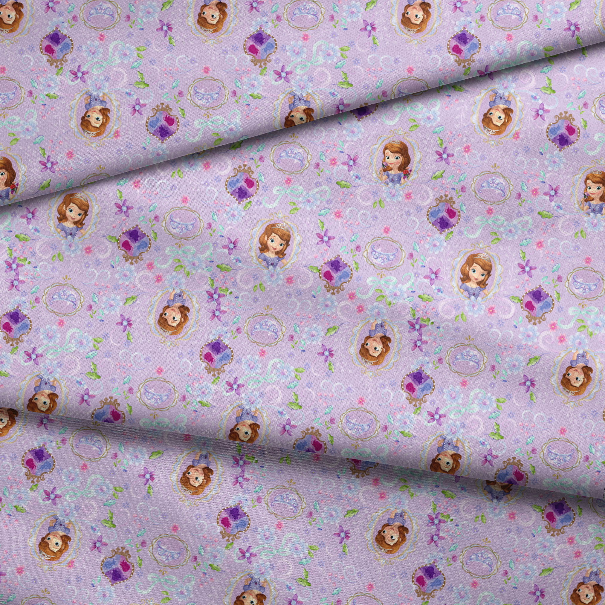 Princess Sofia pattern with purple flowers and swirls on lavender background fabric fold mockup