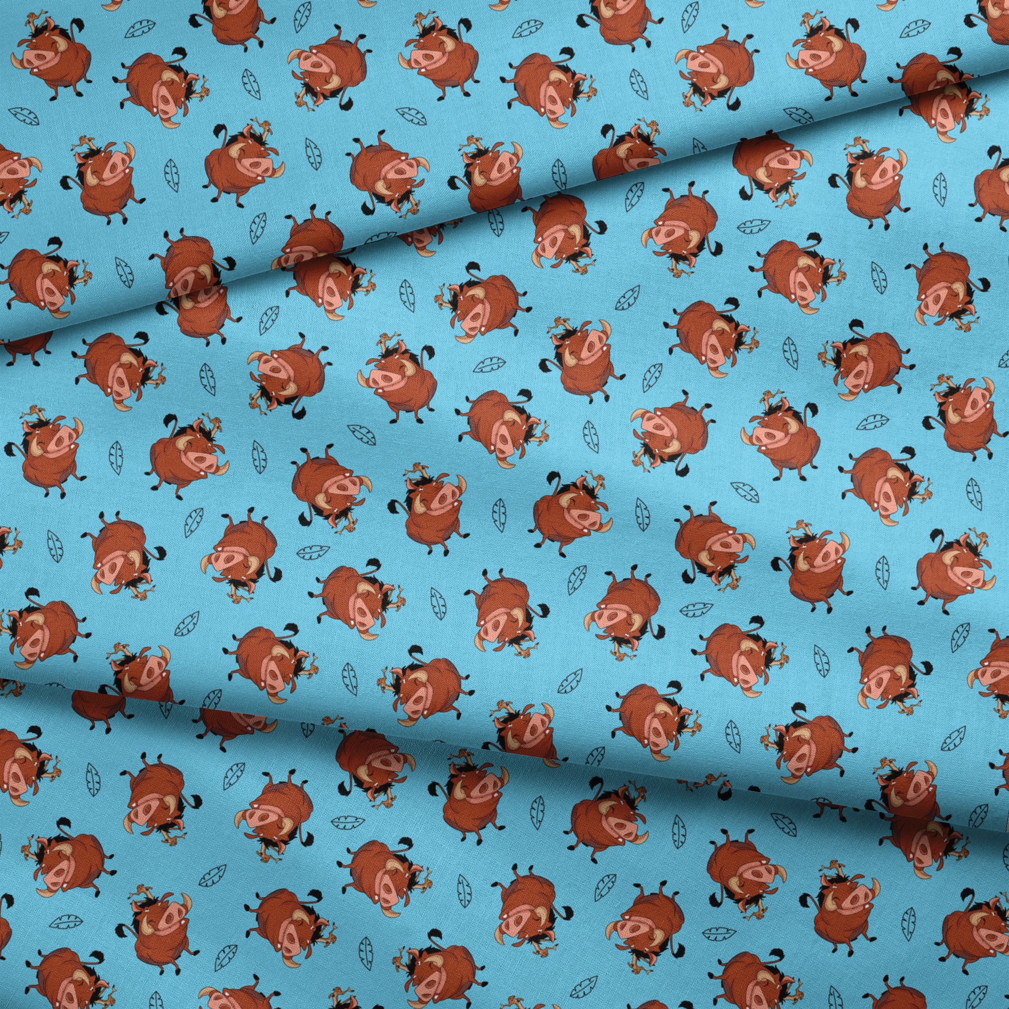Cheerful Lion King characters with flower crowns dancing on light blue background with leaf patterns fabric fold mockup