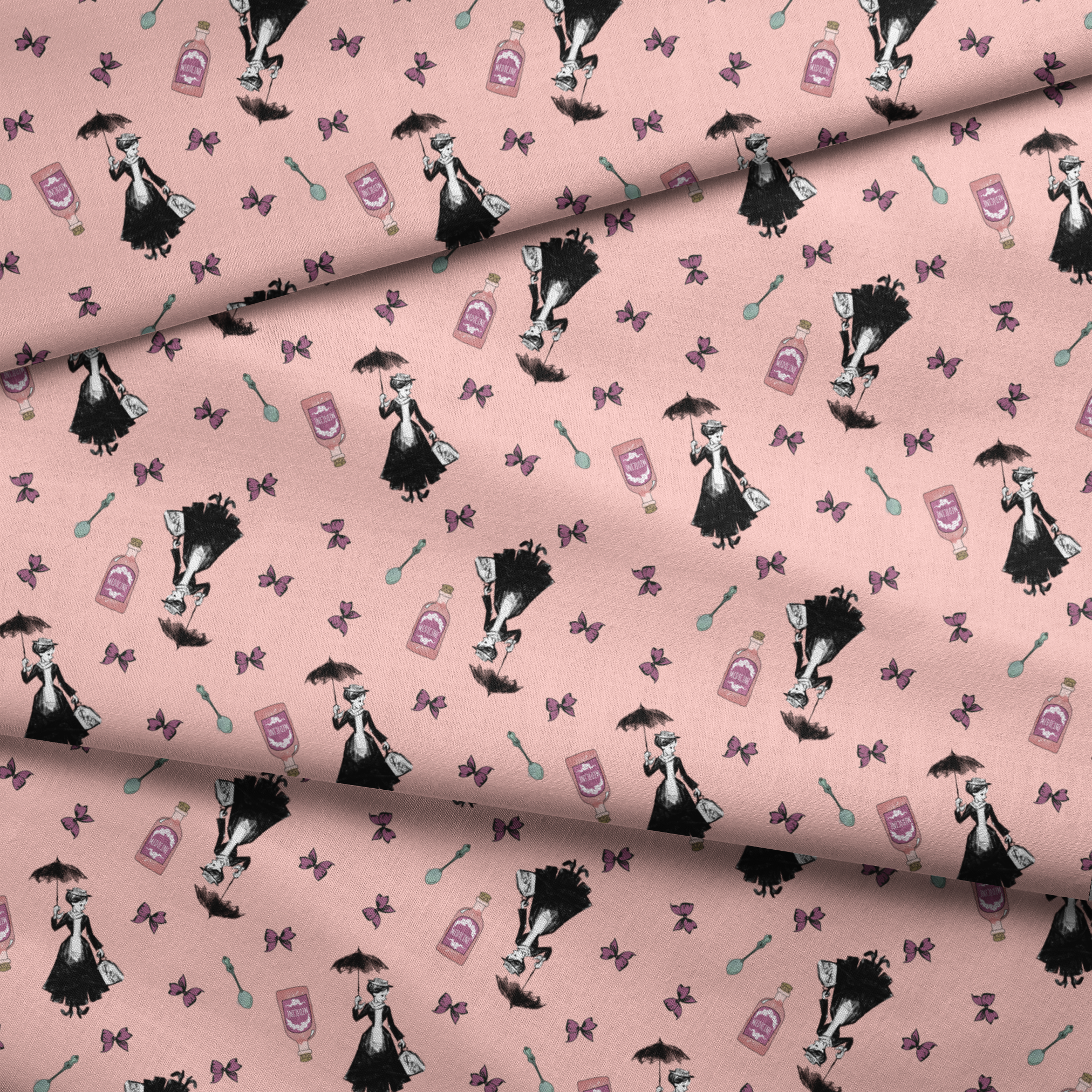 Whimsical illustration on pink background featuring Mary Poppins, purple bottles, and floating bows fabric fold mockup