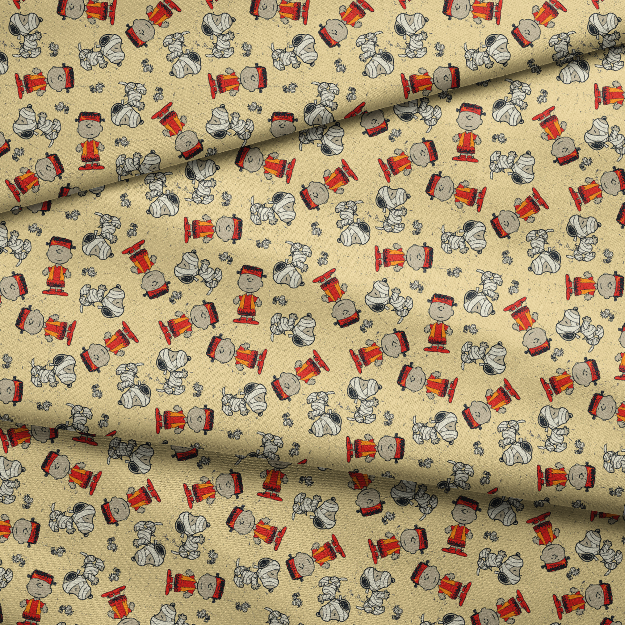 Peanuts characters pattern with Charlie Brown and Snoopy in halloween attire on beige background fabric fold mockup