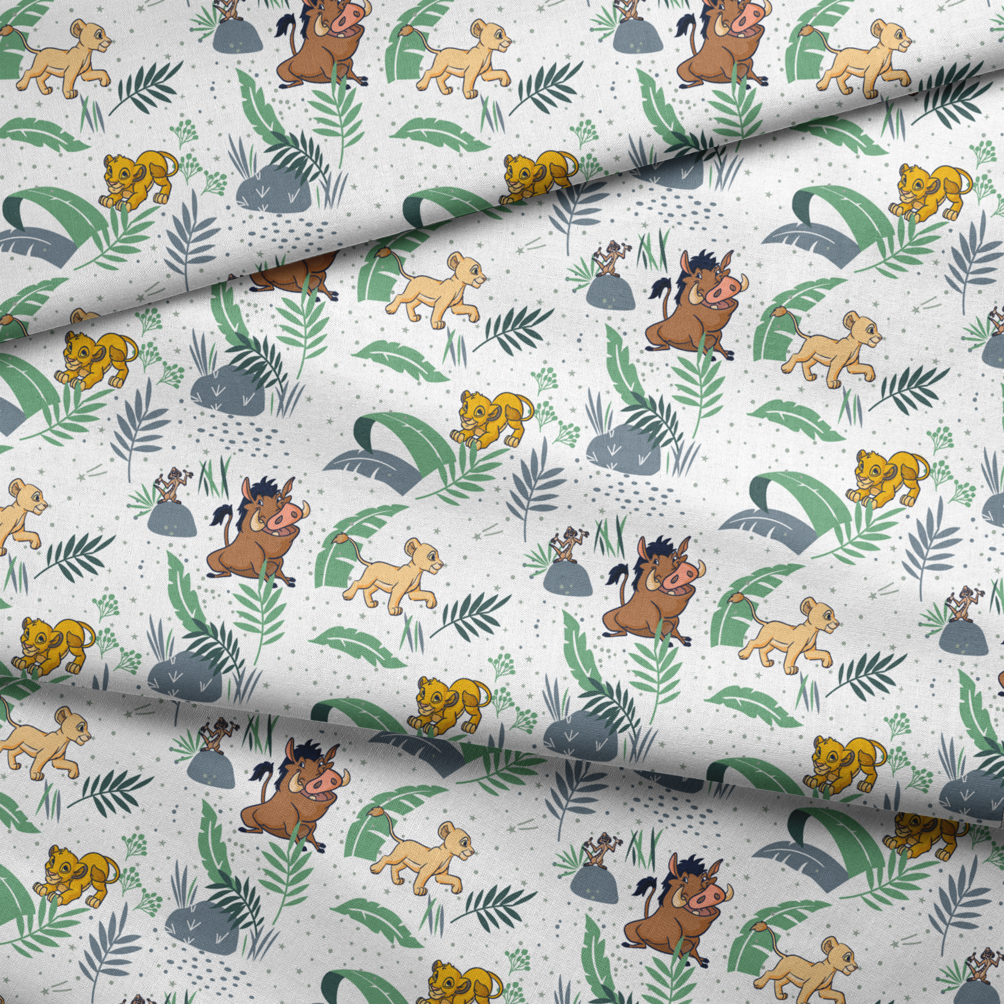 Cartoon lion cubs playing among tropical leaves and plants in green and blue tones on white background fabric fold mockup