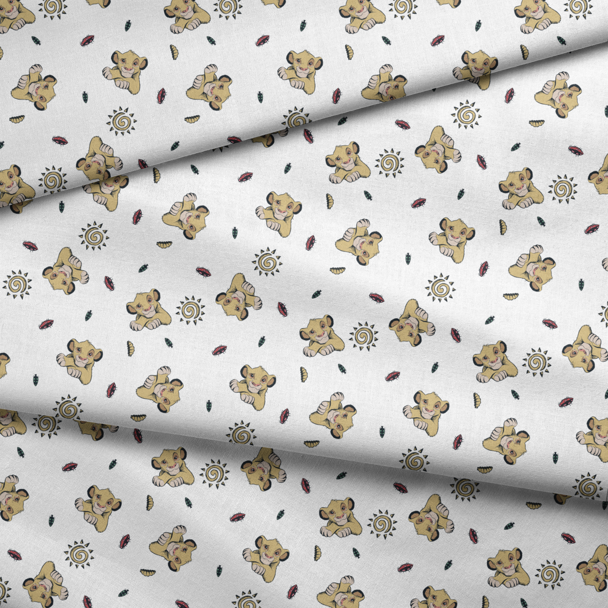 Cute cartoon lion cubs pattern with suns and leaves on white background fabric fold mockup