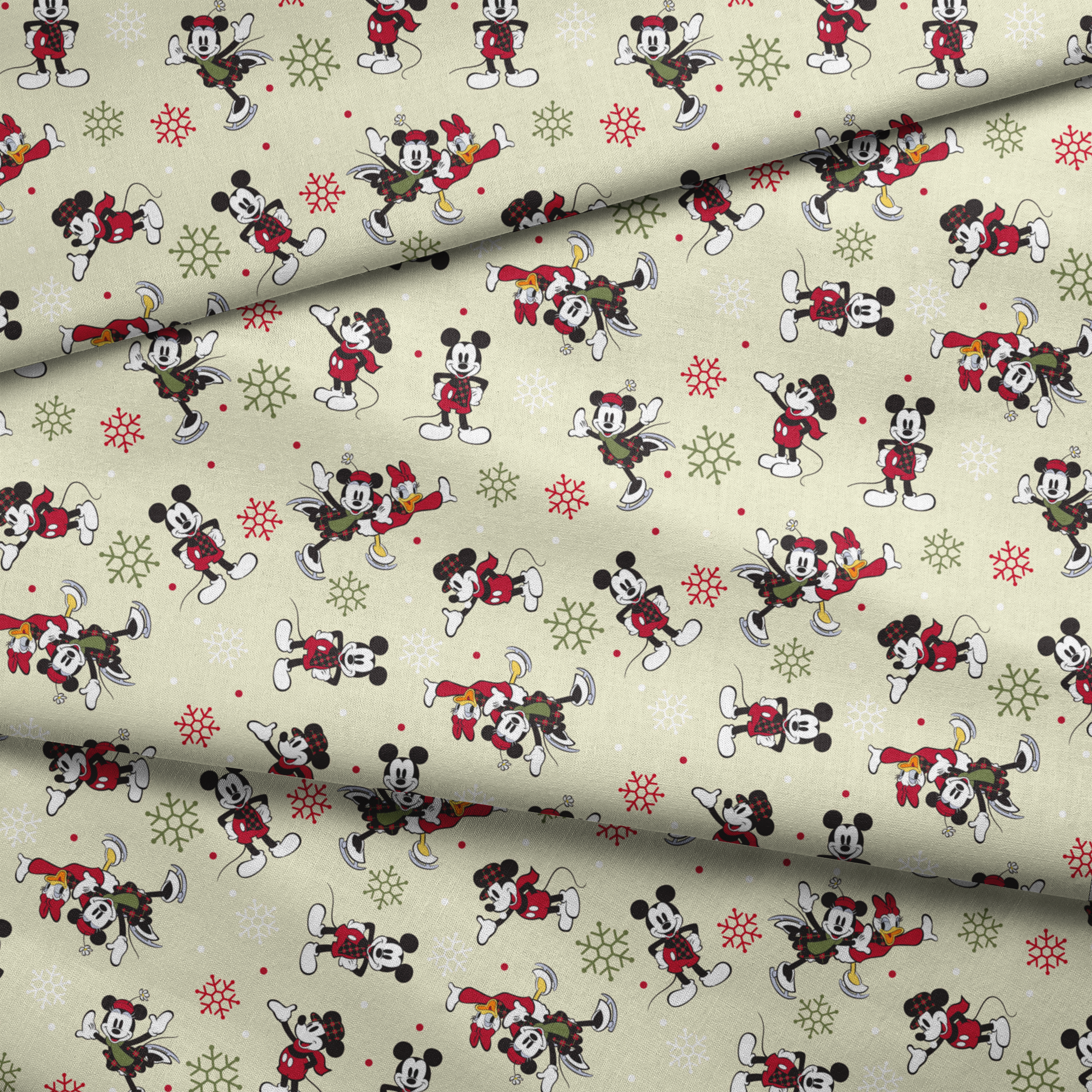 Holiday-themed cartoon mouse pattern with classic characters in red outfits on beige background with snowflakes. fabric fold mockup