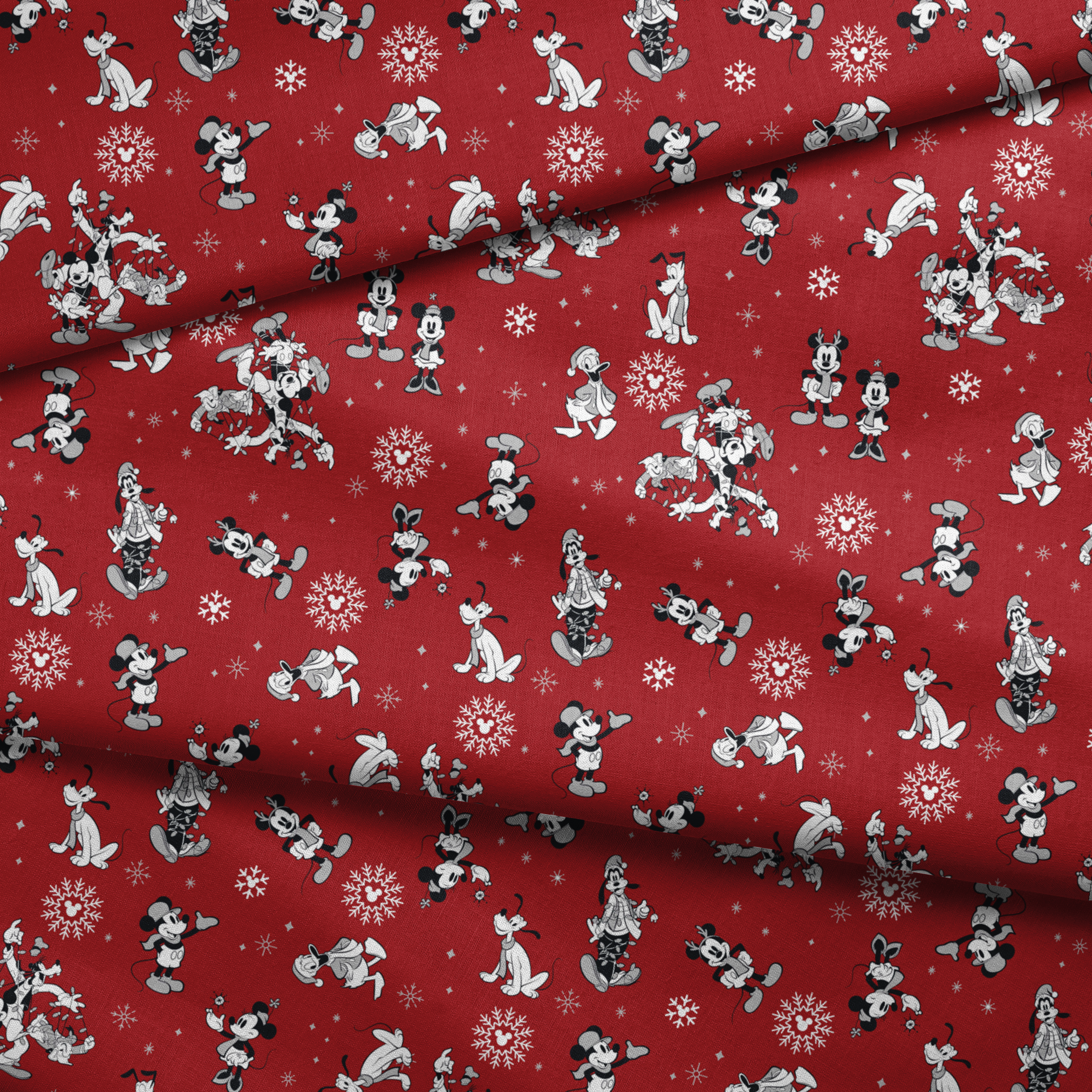 Christmas pattern with Disney characters and snowflakes on red background fabric fold mockup