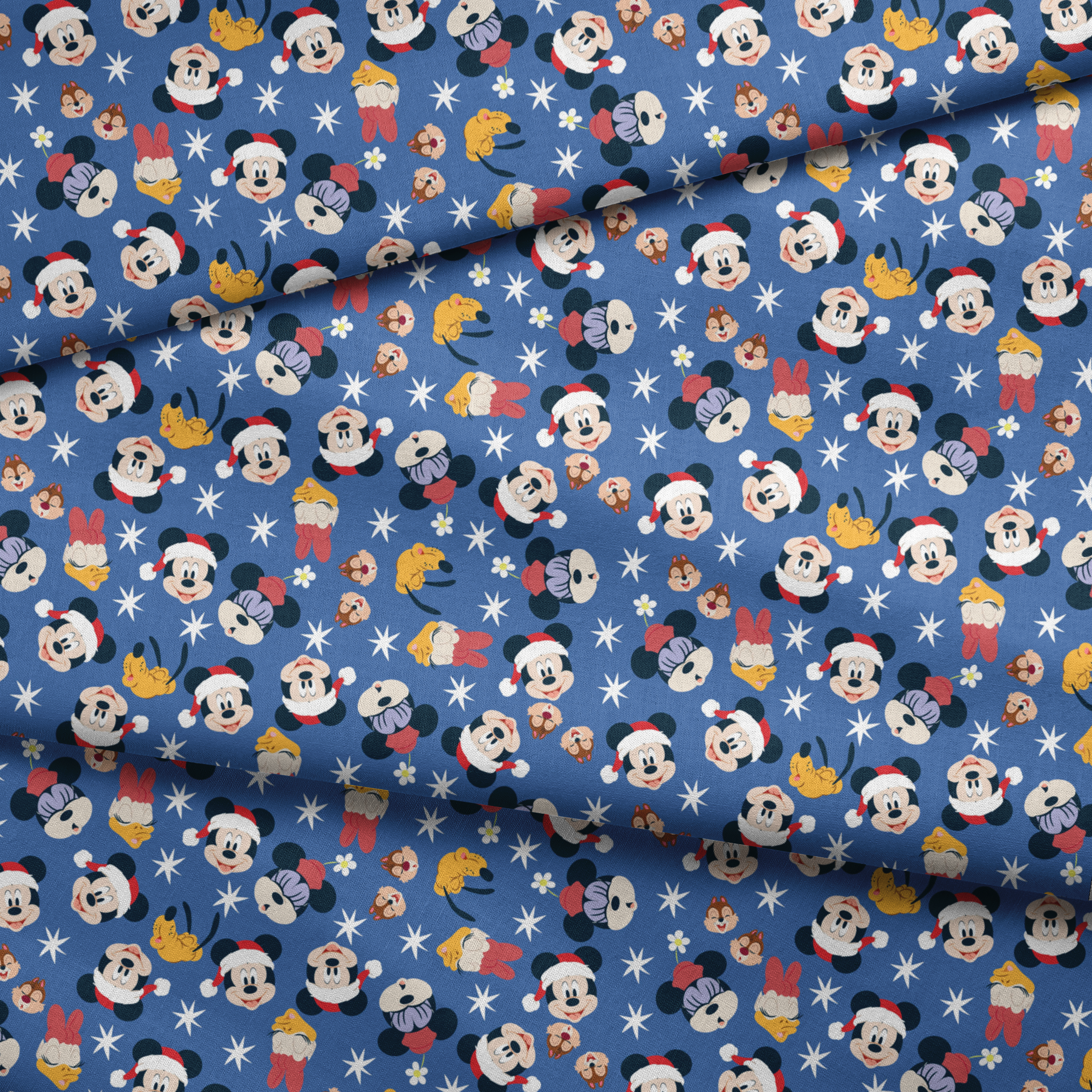 Mickey Mouse Christmas pattern with Santa hats, cupcakes and snowflakes on blue background fabric fold mockup