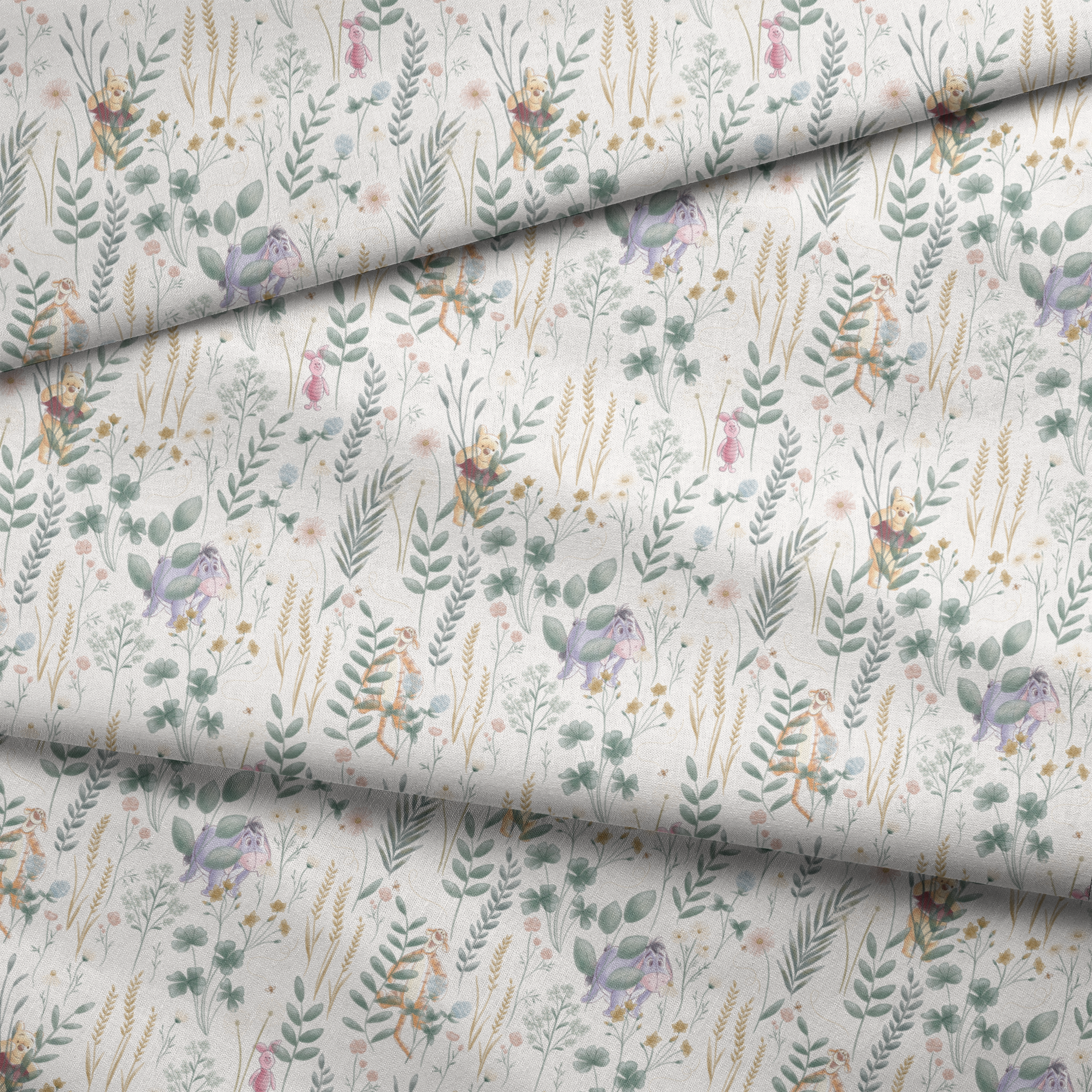 Whimsical botanical pattern with colorful teddy bears and creatures among green plants and flowers fabric fold mockup