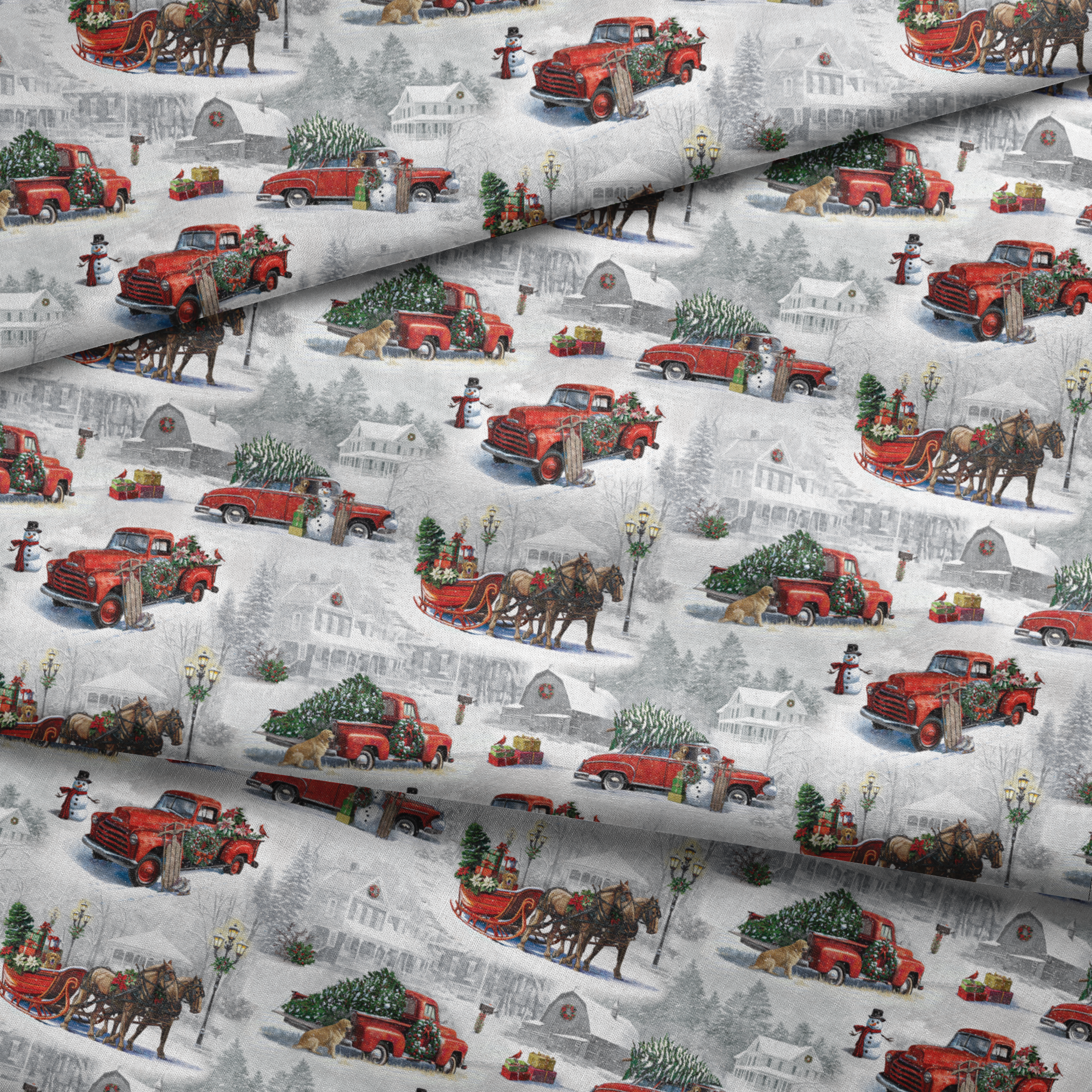 Christmas pattern with vintage red trucks, horse-drawn sleighs, and pine trees in snowy winter landscape fabric fold mockup