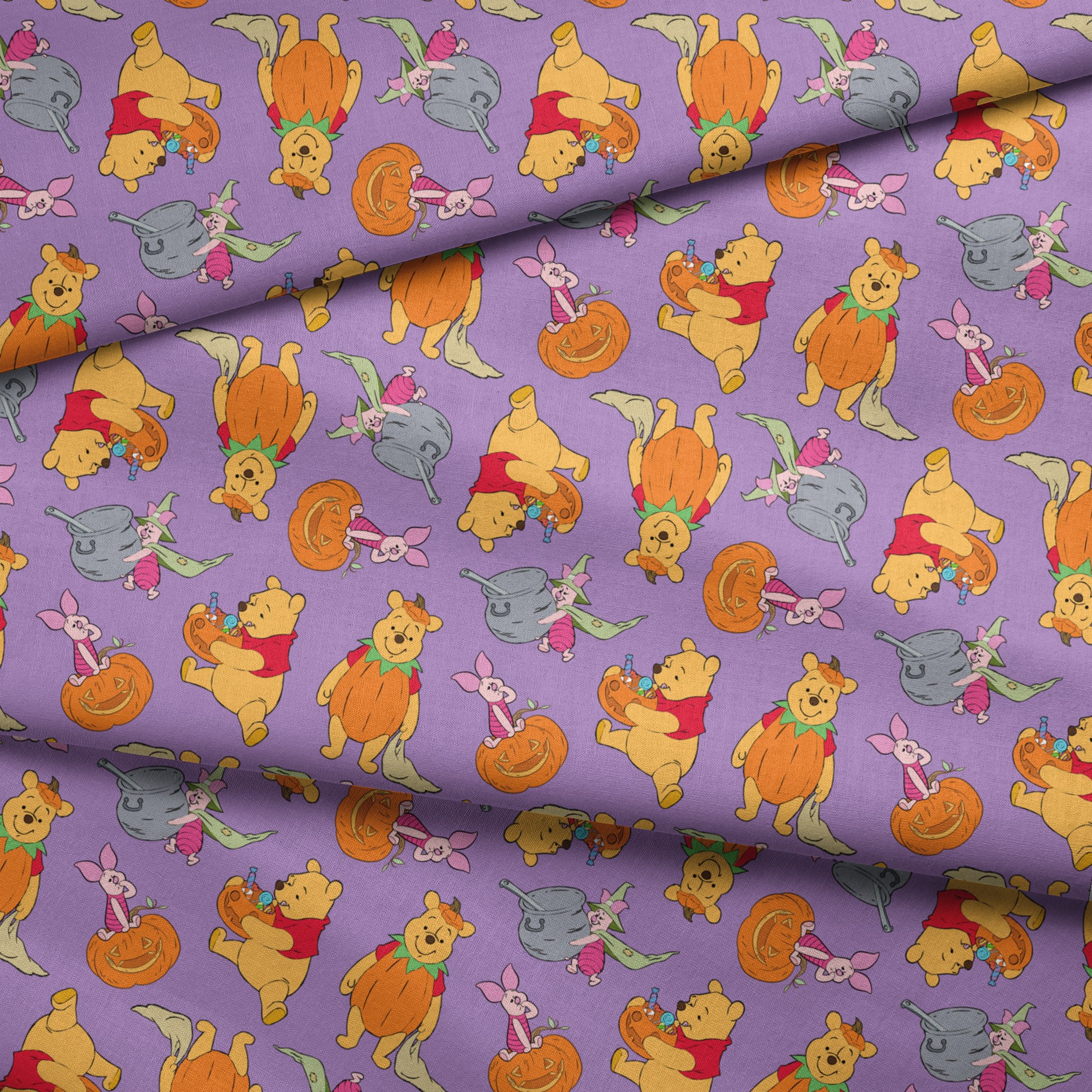 Whimsical Winnie the Pooh pattern with Piglet and Eeyore on purple background with pumpkins fabric fold mockup