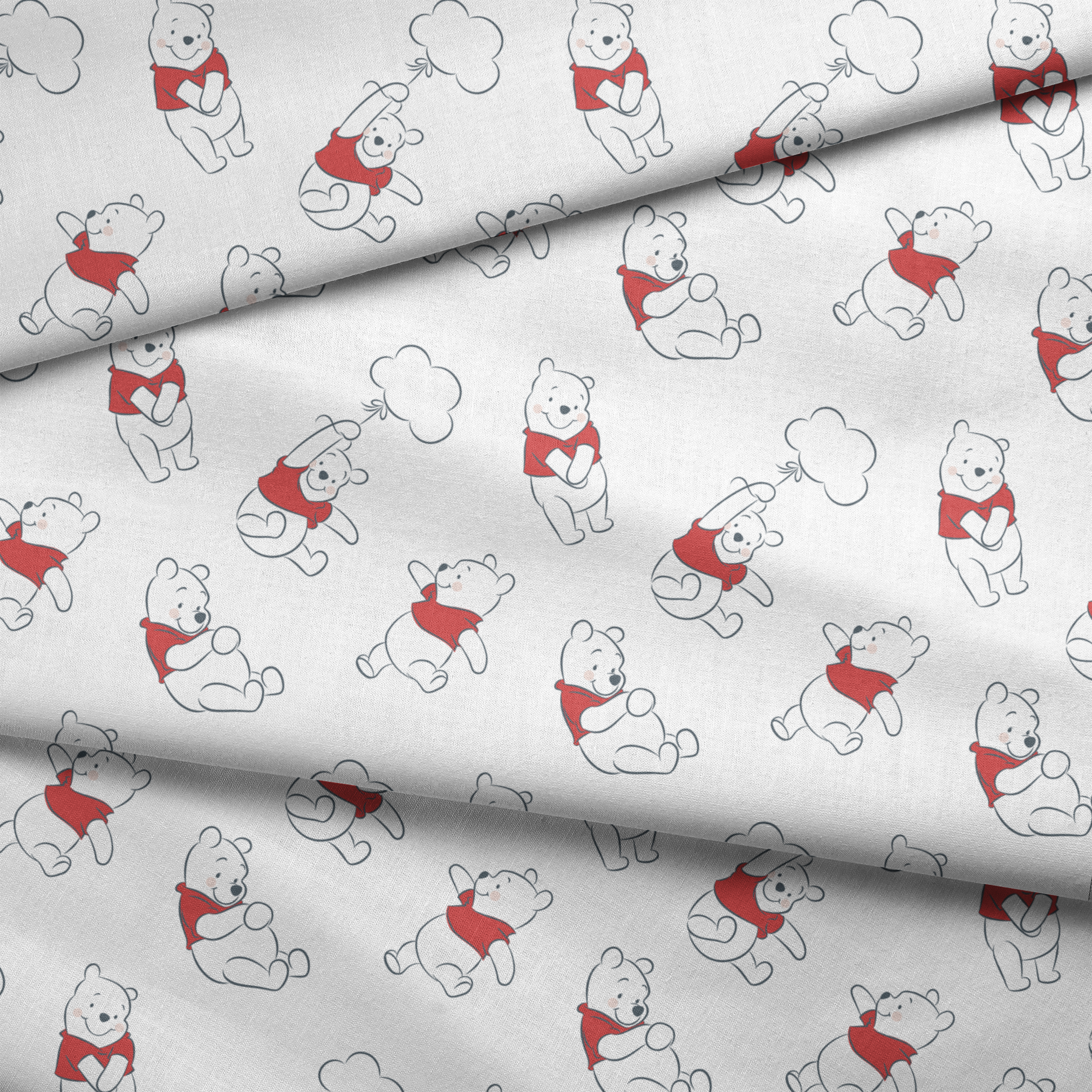 Illustration pattern of Winnie the Pooh in different poses wearing a red shirt on white background fabric fold mockup