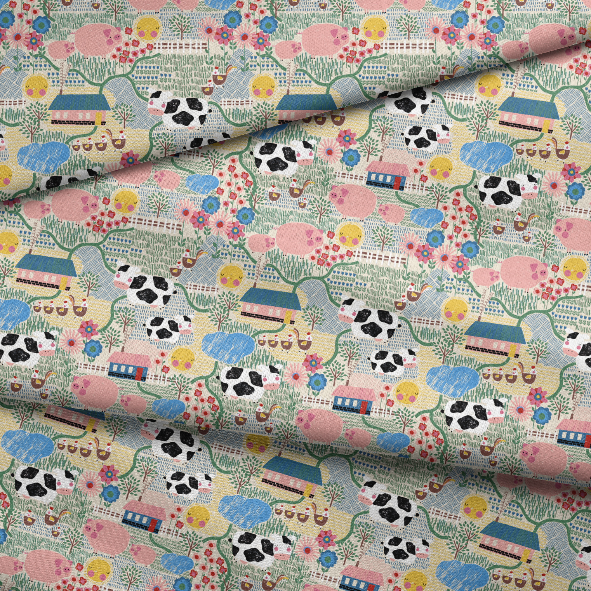 Colorful farm illustration with pink pigs, spotted cows, flowers, and small houses on textured ba... fabric fold mockup