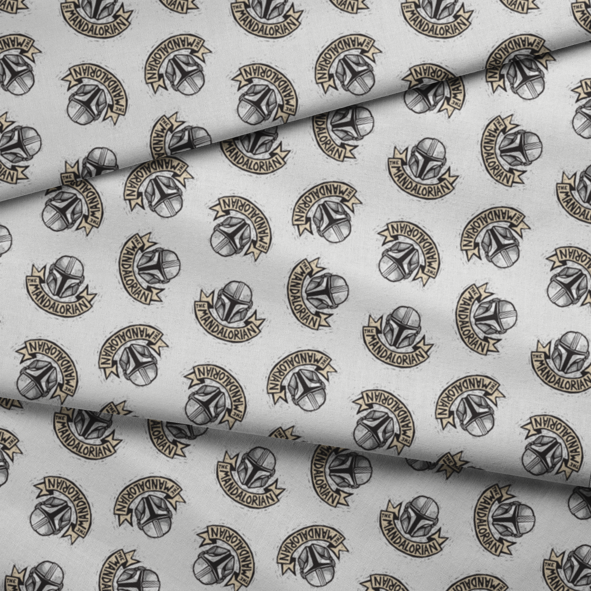 Star Wars Mandalorian helmet logo pattern with banners in black and gold on light background fabric fold mockup