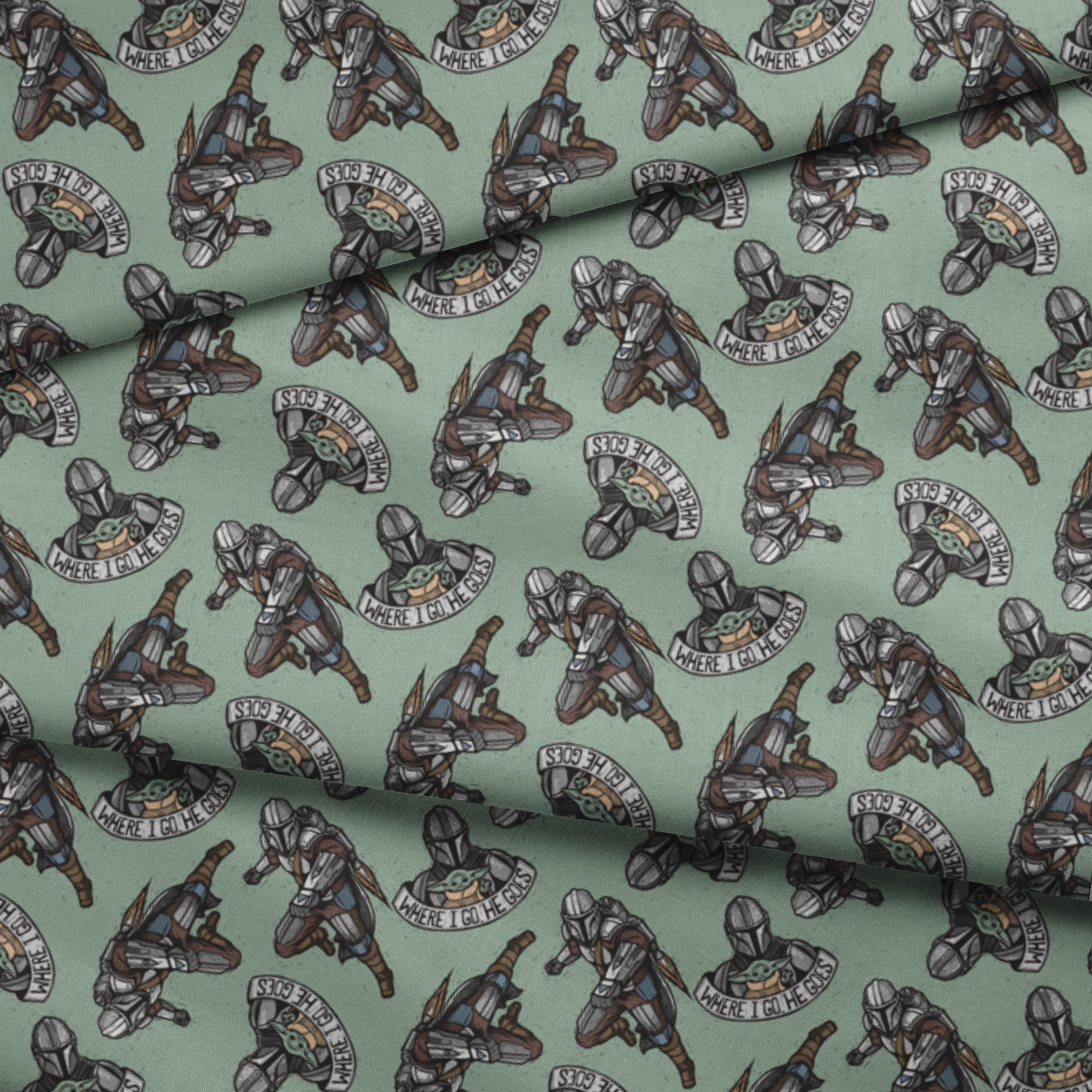 Star Wars-themed pattern featuring Mandalorian helmets with "Where I go, the child goes" banners on mint green background. fabric fold mockup