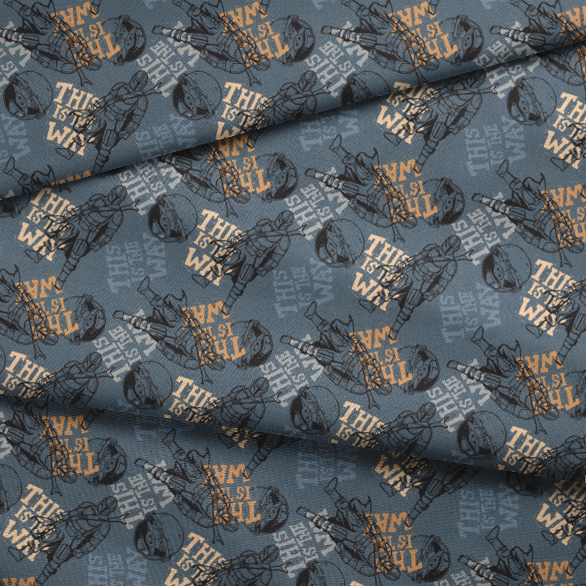 Dark grey illustration with Star Wars characters and yellow text reading "THIS IS THE WAY" in distressed style fabric fold mockup