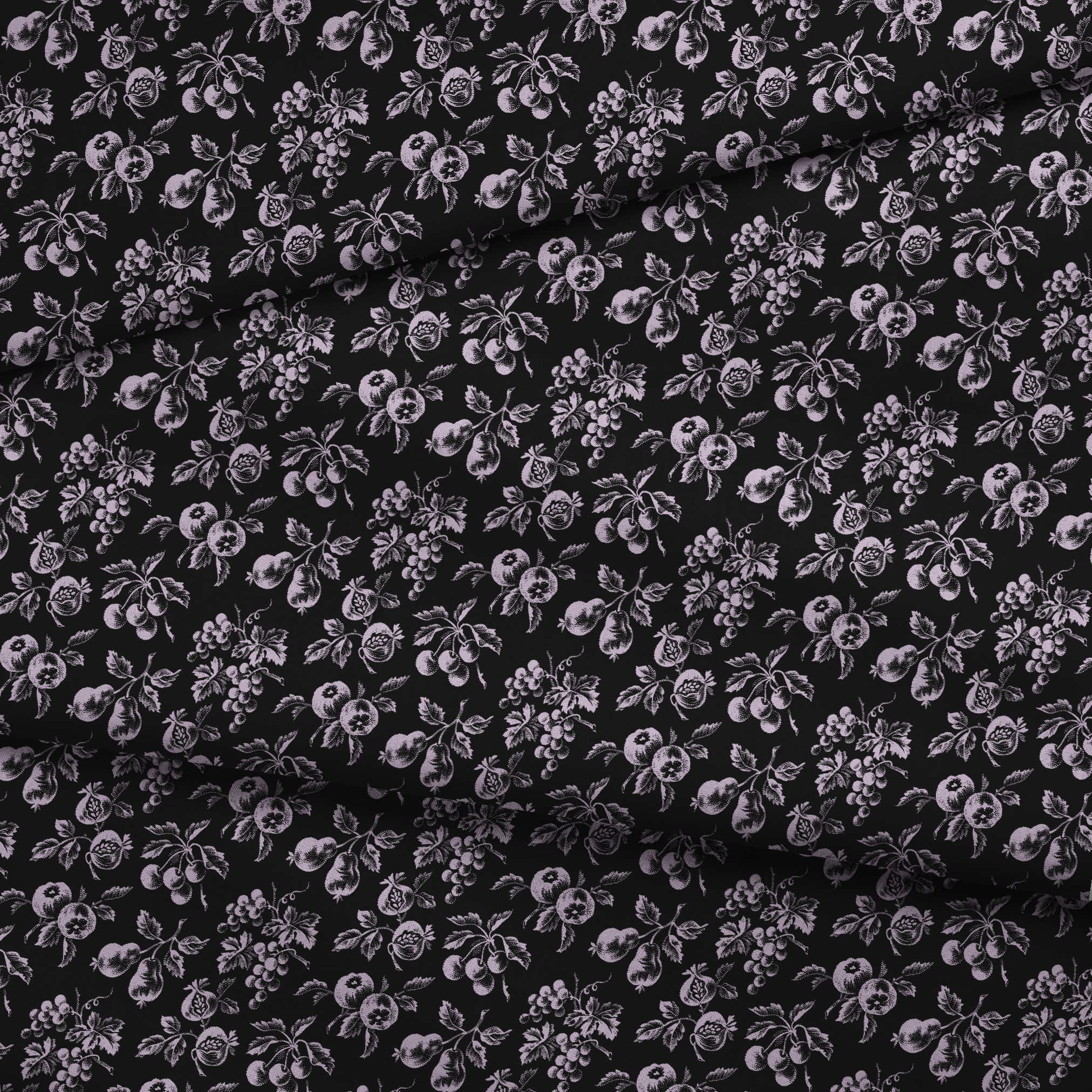 Elegant monochrome floral pattern with delicate white flowers scattered on a black background fabric fold mockup