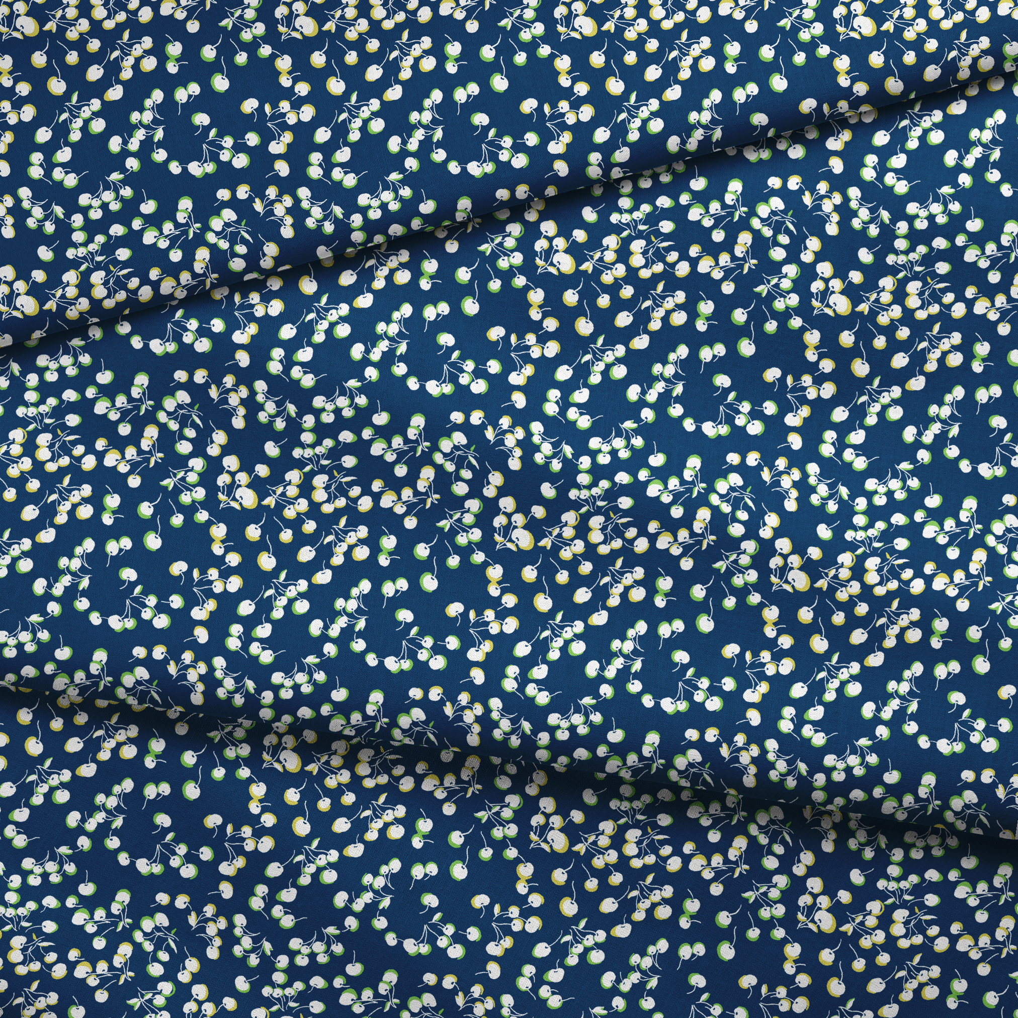 Delicate white and yellow floral pattern scattered across a deep navy blue background fabric fold mockup