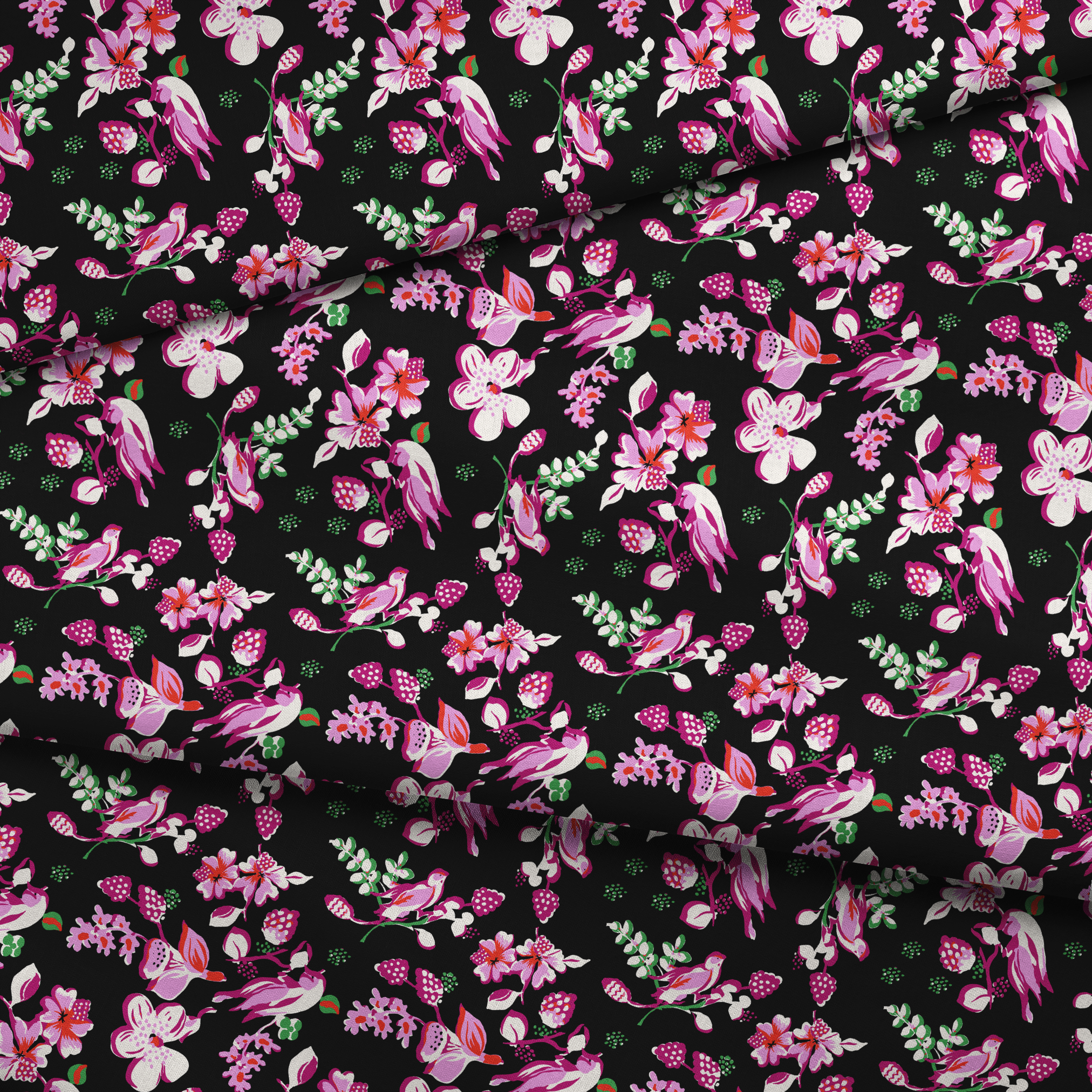 Vibrant pink birds and flowers pattern on black background with strawberry accents fabric fold mockup