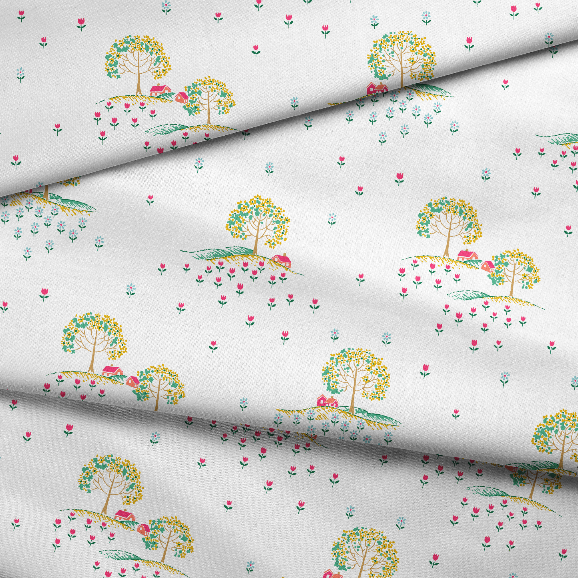 Whimsical pattern of colorful trees on small hills with scattered tiny flowers on a white background fabric fold mockup